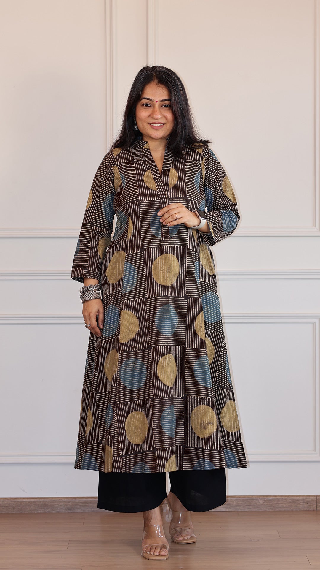 Peenal Polka Dots Ajrakh Cotton Hand Block Kurta- Charcoal