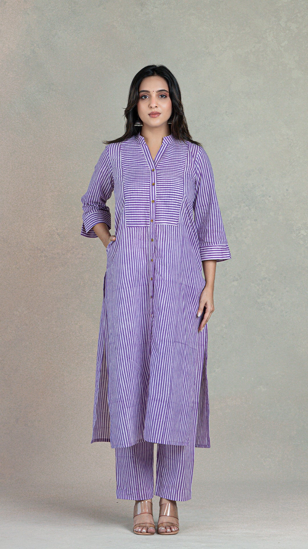 Lavender Stripes Hand Block Cotton Kurta