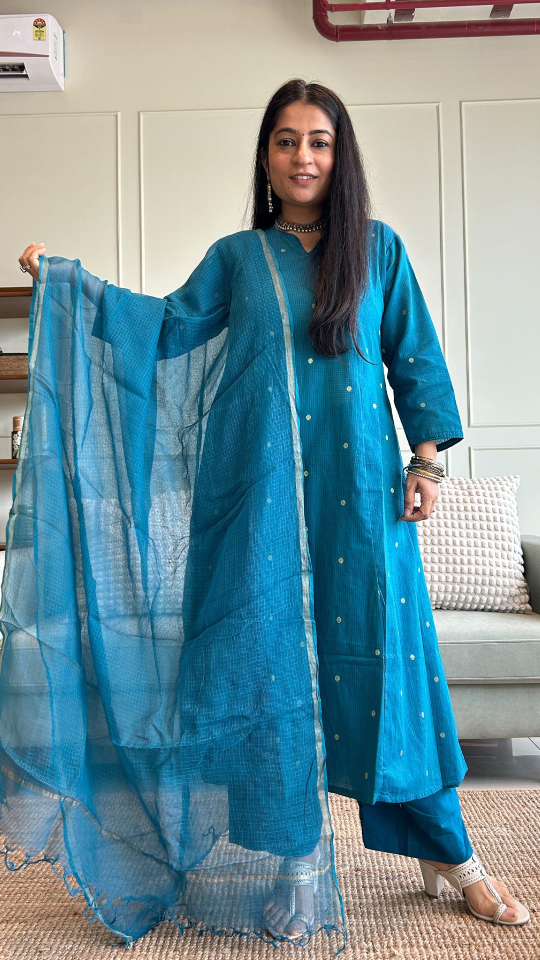 Keya Hand Woven Golden Zari Motif Kali Cotton Kurta - Blue