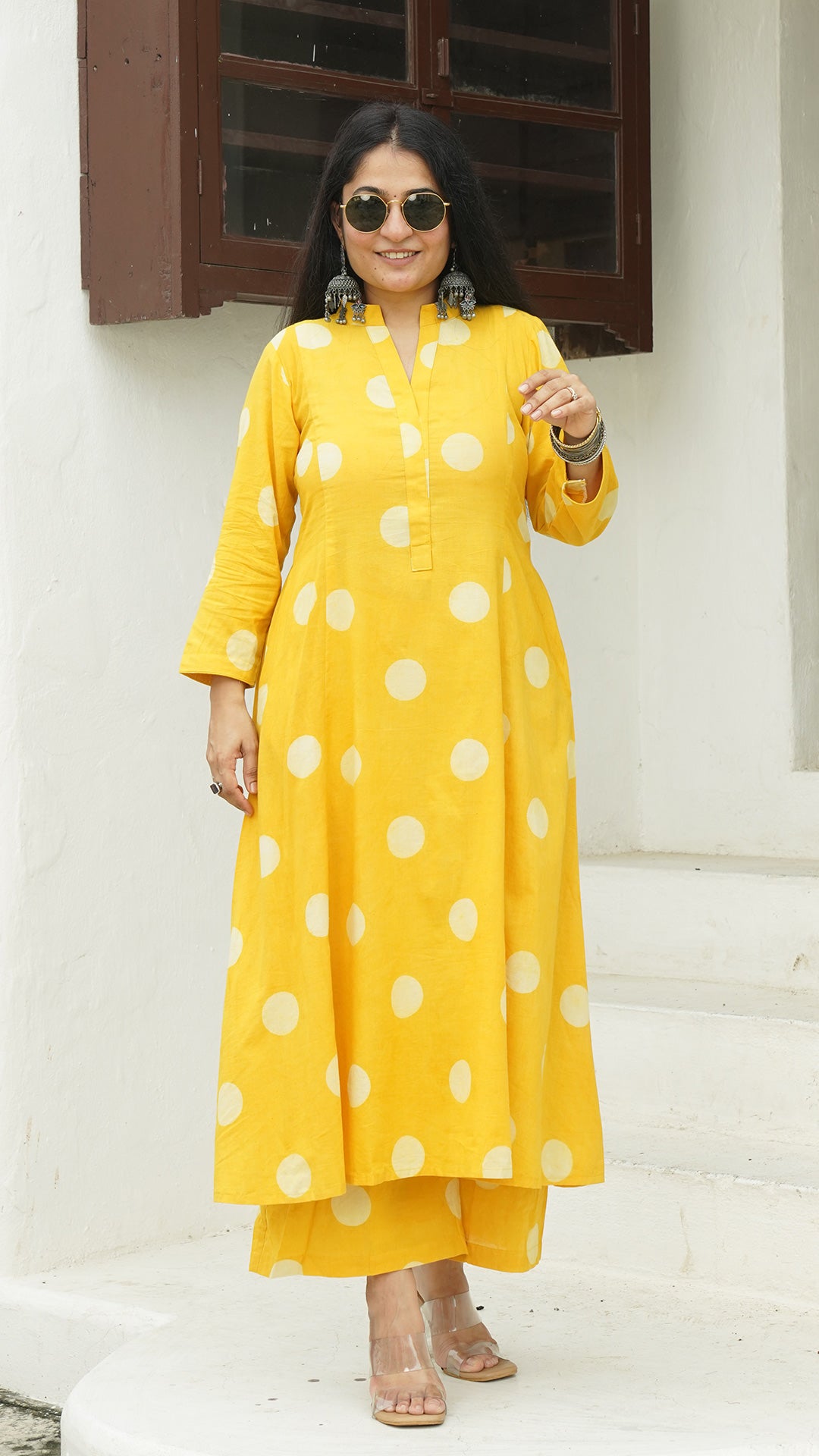Yellow Polka Dots Kali Kurta In Cotton