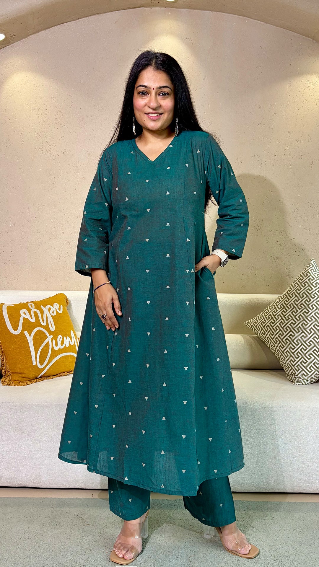 Saloni Green Hand Woven Kali Cotton Kurta
