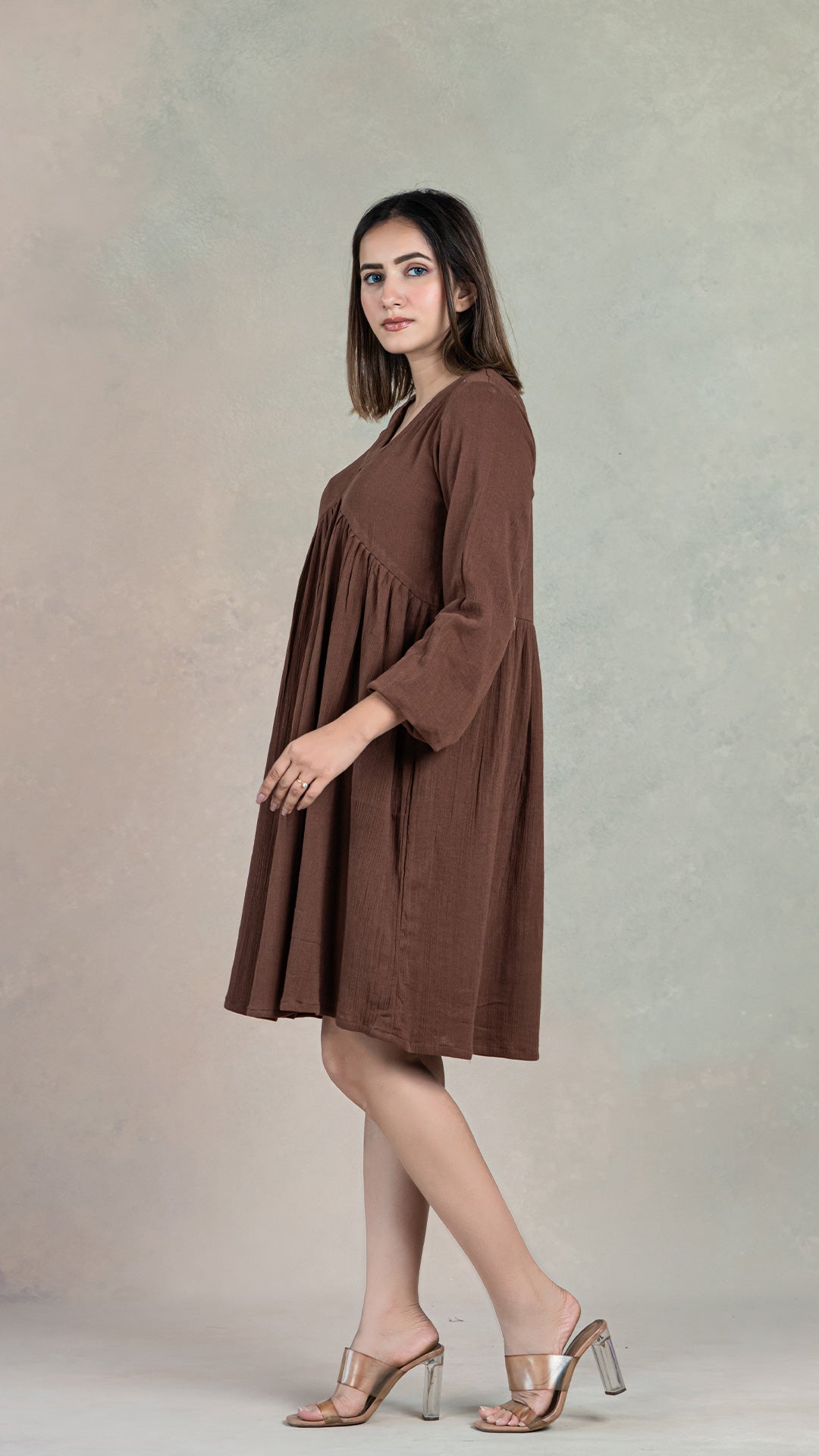 Brown Tier Dress In Crinkled Cotton