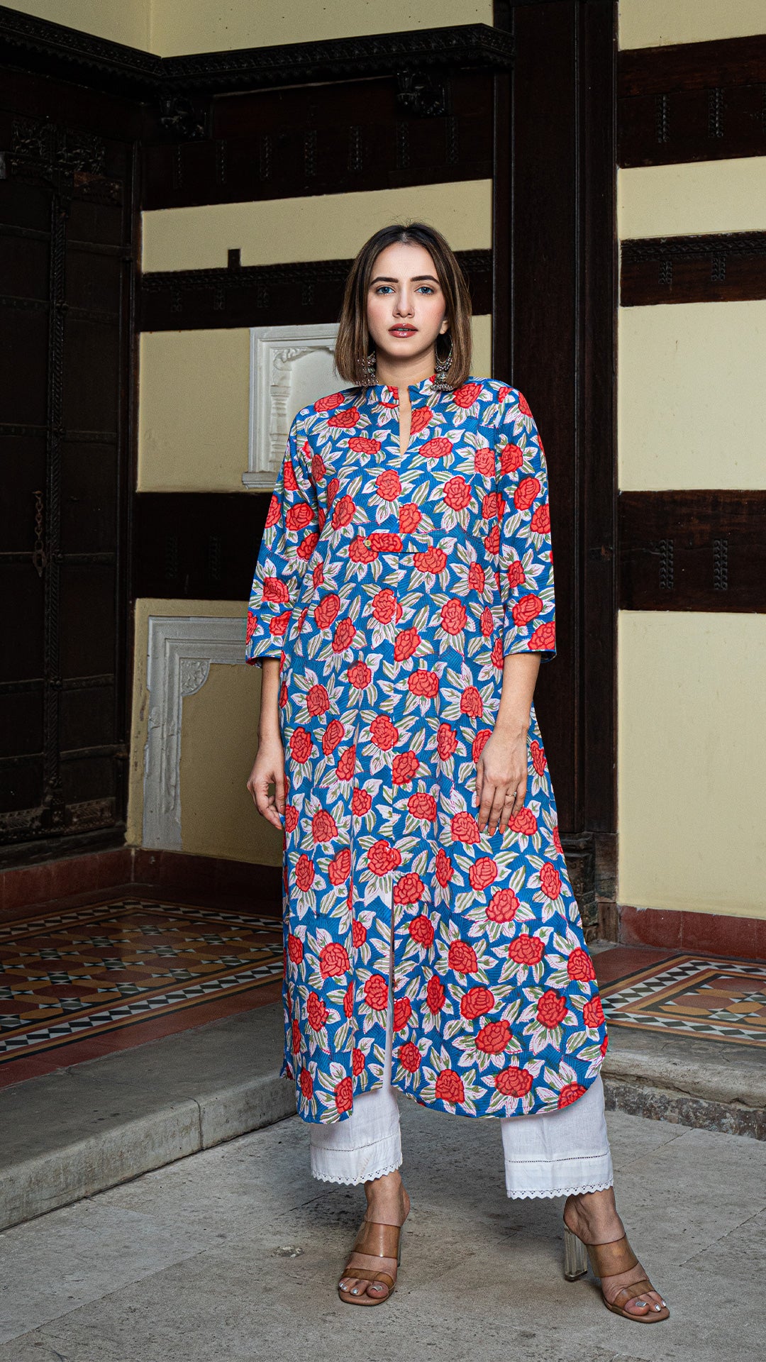 Mishka Sanganeri Floral Cotton Kurta - Blue/Red