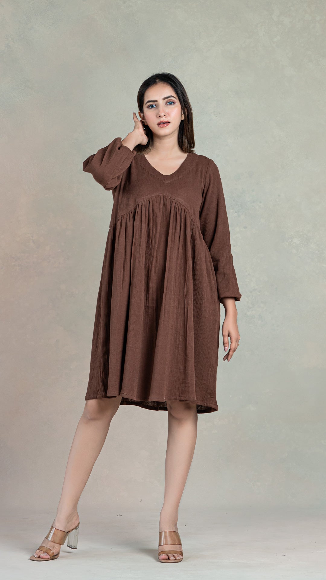 Brown Tier Dress In Crinkled Cotton