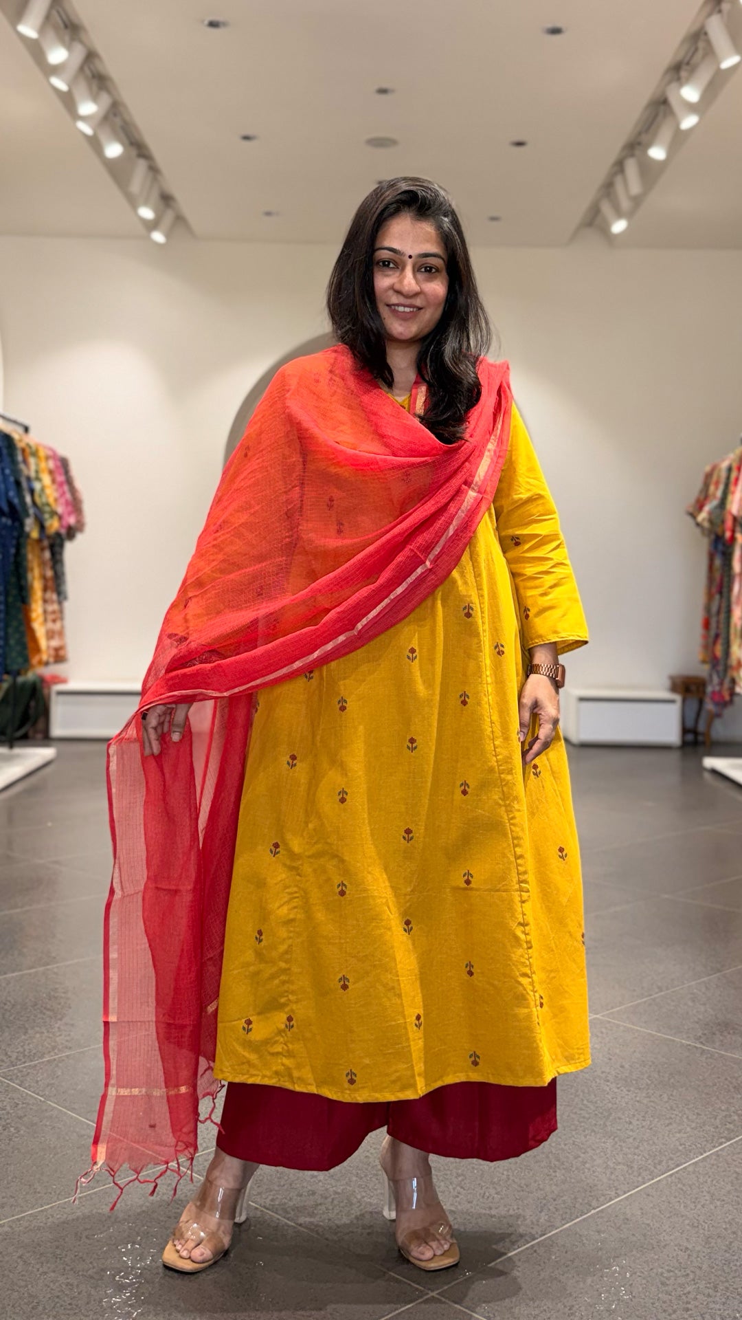 Leher Hand Woven Kali Kurta In Cotton - Yellow