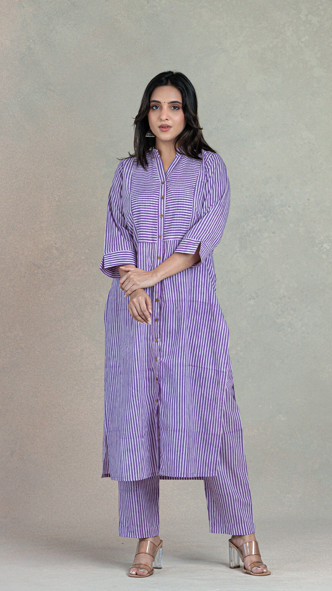 Lavender Stripes Hand Block Cotton Kurta