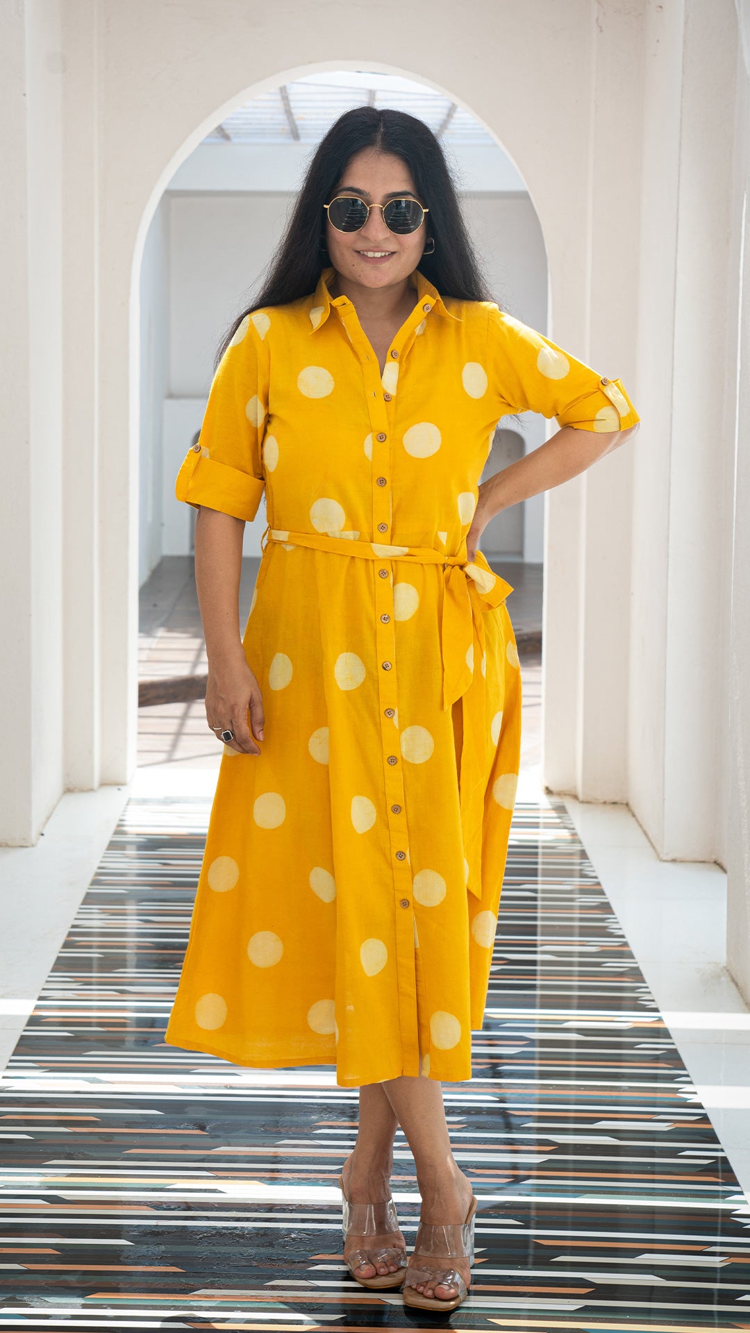 Anjum Polka Dots Hand Block Cotton Shirt Dress - Yellow
