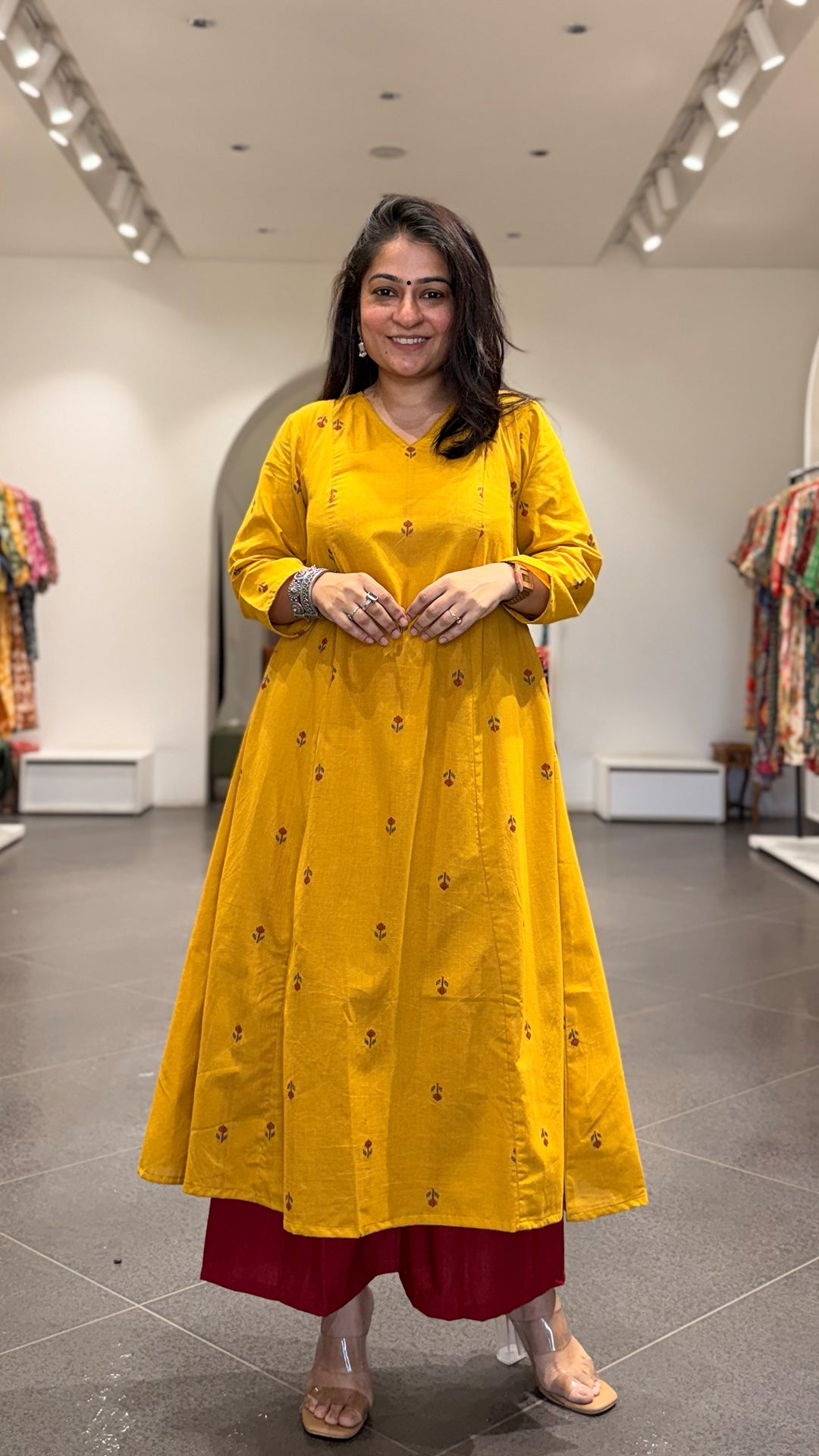 Leher Hand Woven Kali Kurta In Cotton - Yellow