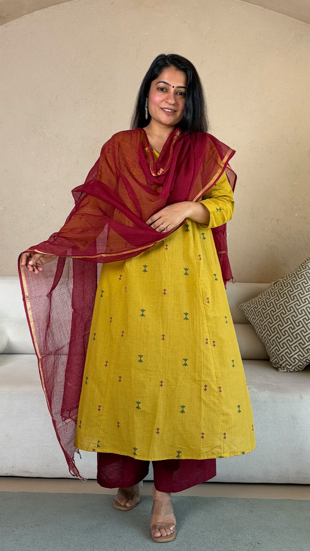 Shagun Hand Woven Kali Kurta In Cotton - Yellow