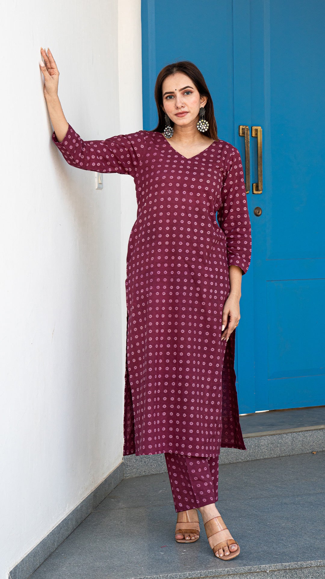 Yesha Dabu Hand Block Cotton Kurta - Wine