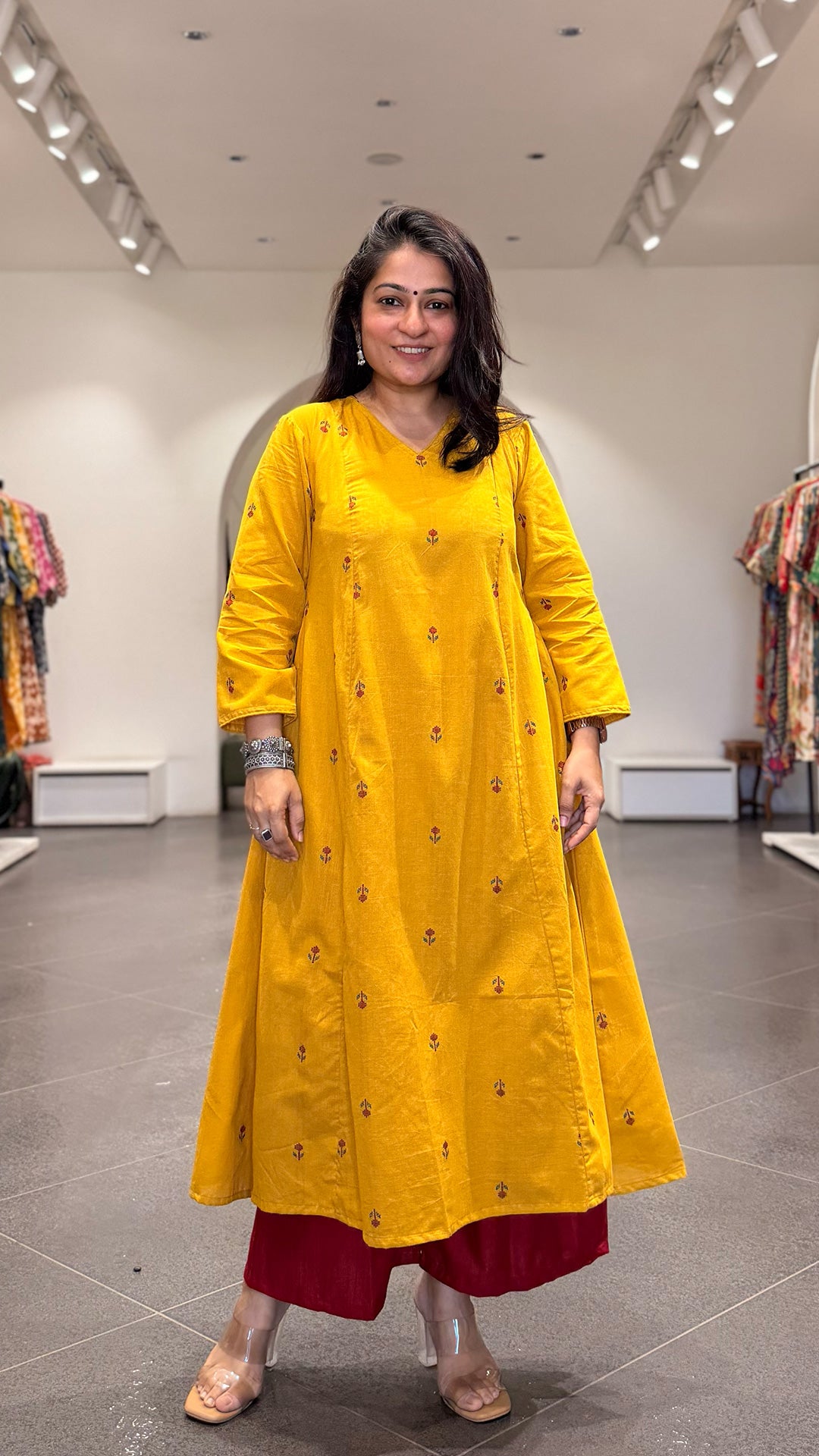 Leher Hand Woven Kali Kurta In Cotton - Yellow