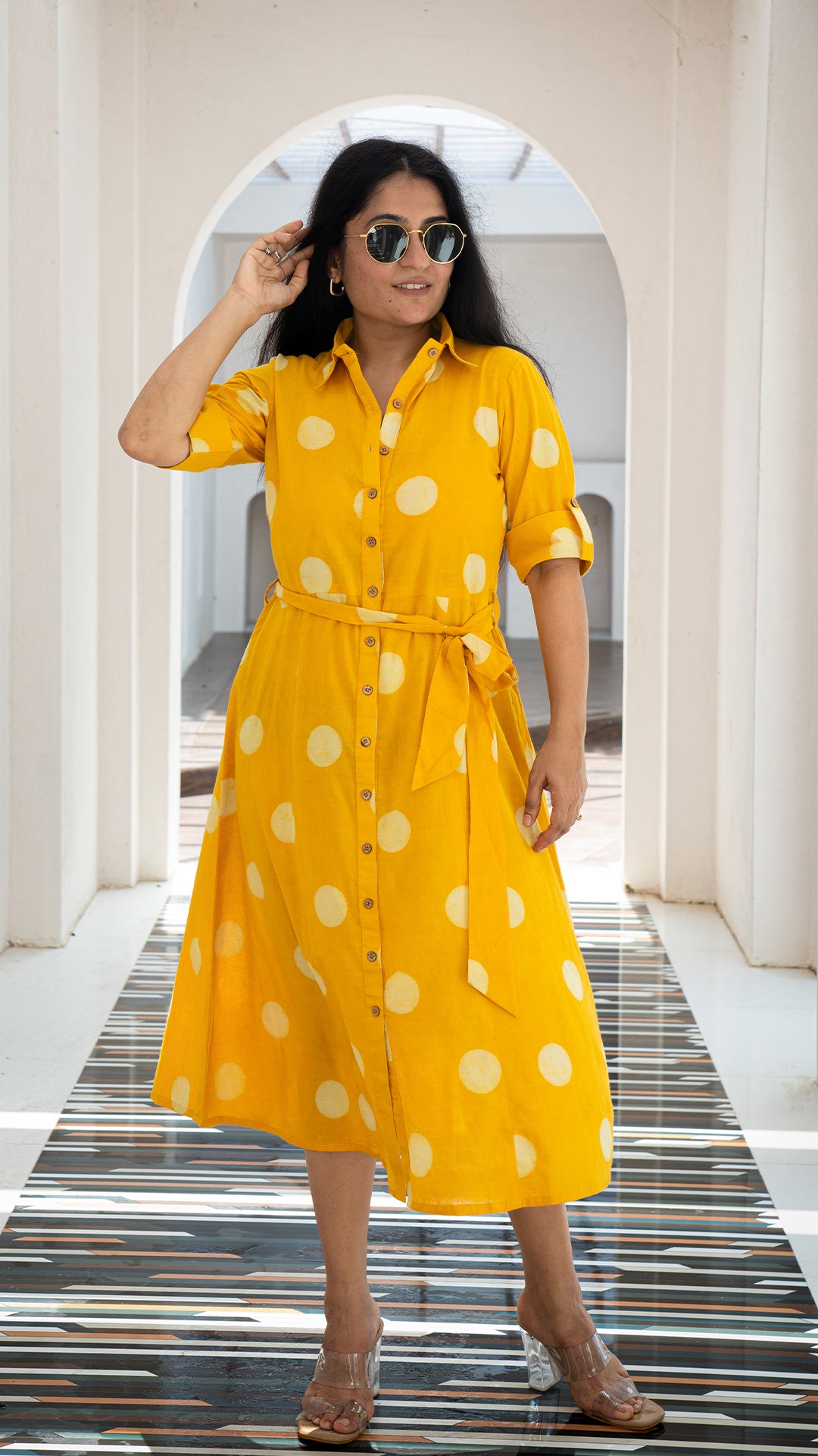 Anjum Polka Dots Hand Block Cotton Shirt Dress - Yellow