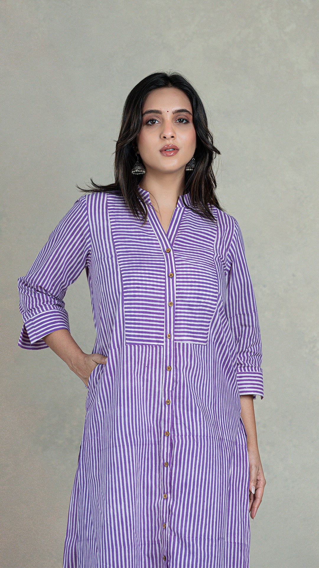 Lavender Stripes Hand Block Cotton Kurta