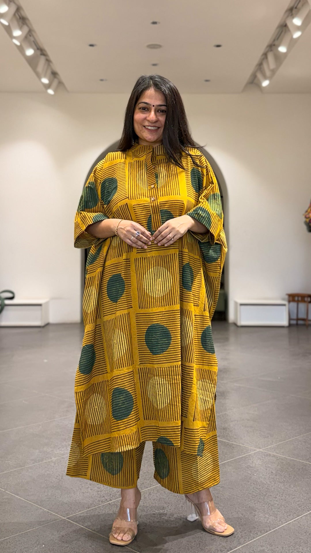 Yellow/Green Polka Dots Ajrakh Cotton Kaftan Co-ord