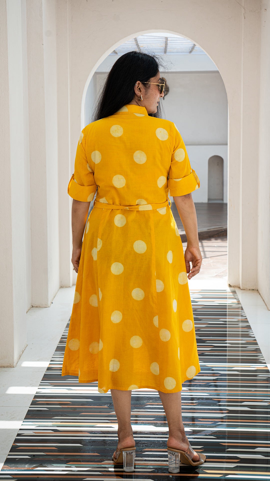 Anjum Polka Dots Hand Block Cotton Shirt Dress - Yellow