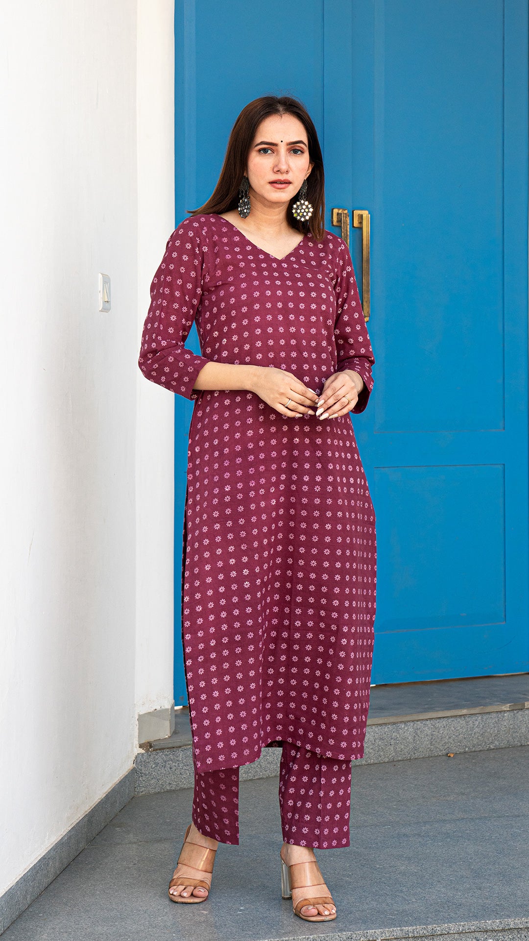 Yesha Dabu Hand Block Cotton Kurta - Wine