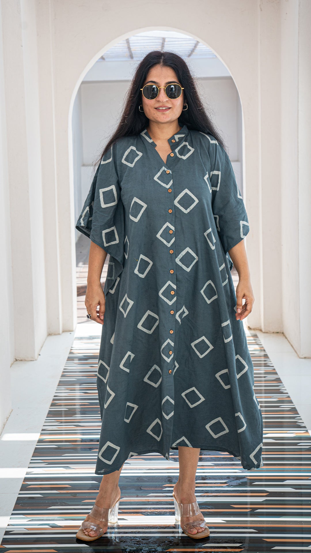 Grey Geometric Print Cotton Kaftan