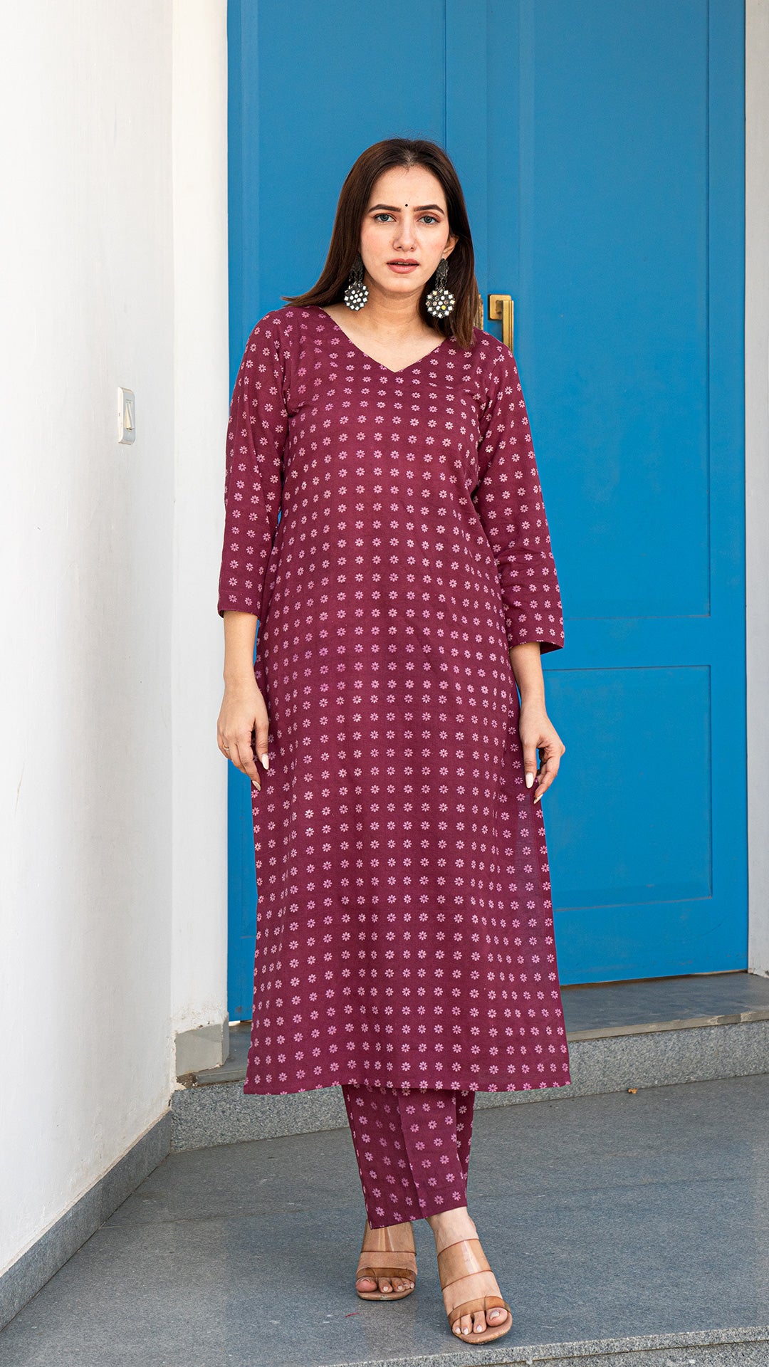 Yesha Dabu Hand Block Cotton Kurta - Wine