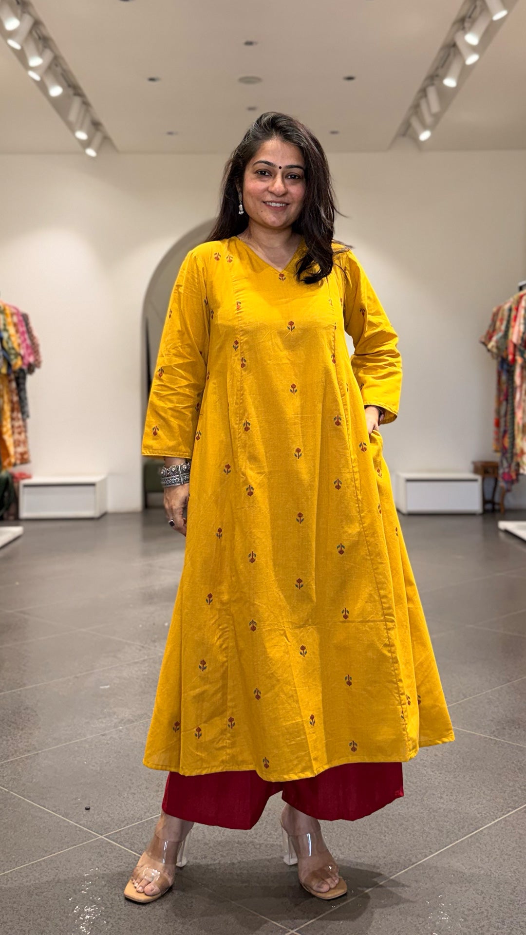 Leher Hand Woven Kali Kurta In Cotton - Yellow