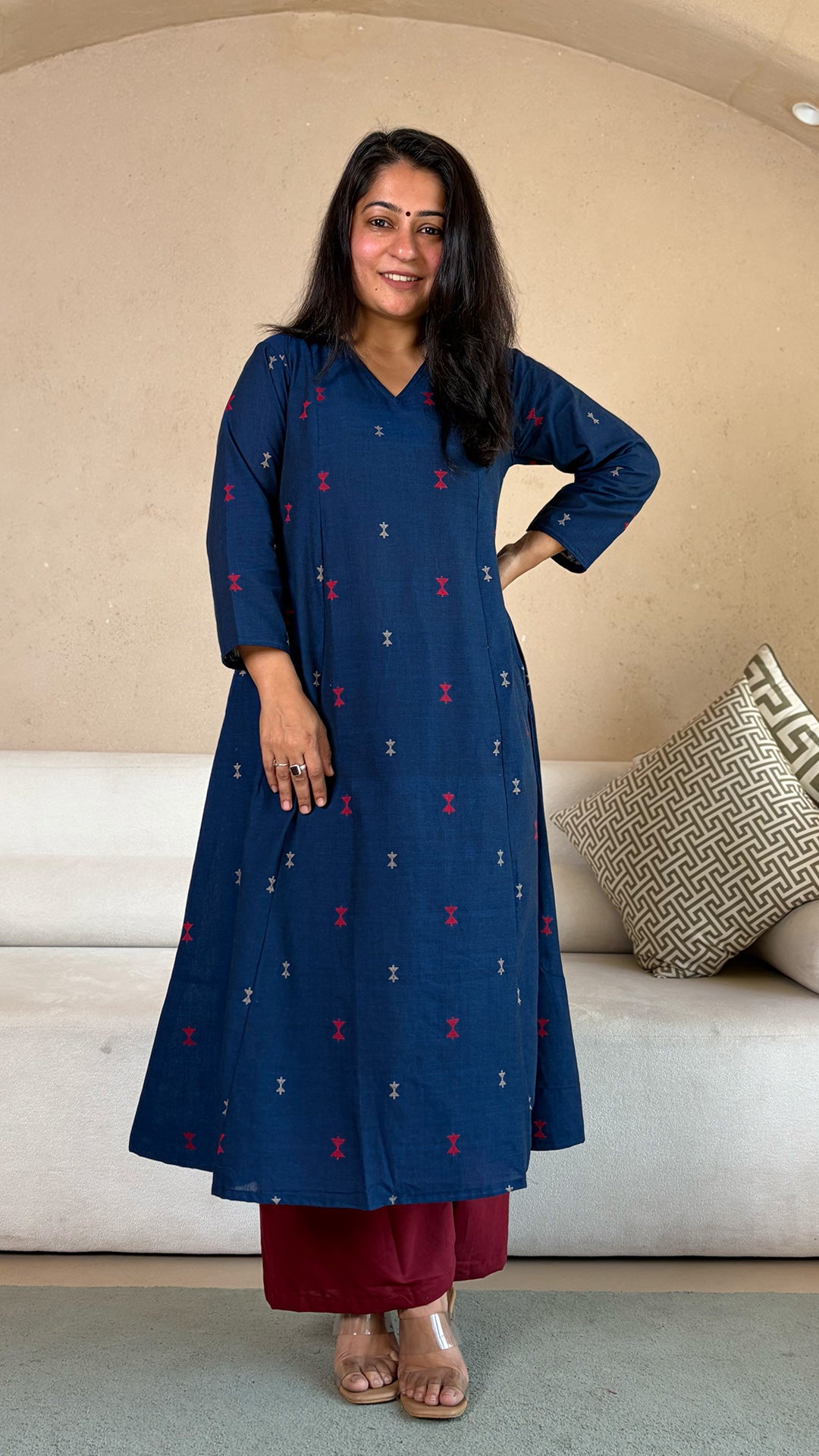 Azal Hand Woven Kali Kurta In Cotton - Navy Blue