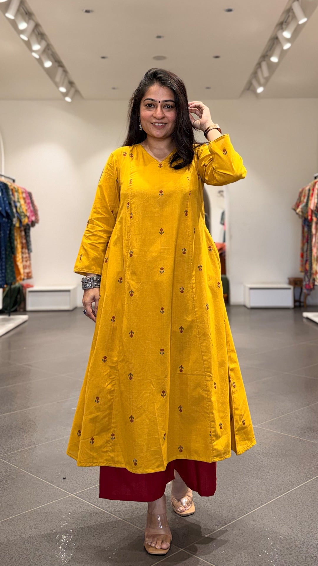 Leher Hand Woven Kali Kurta In Cotton - Yellow