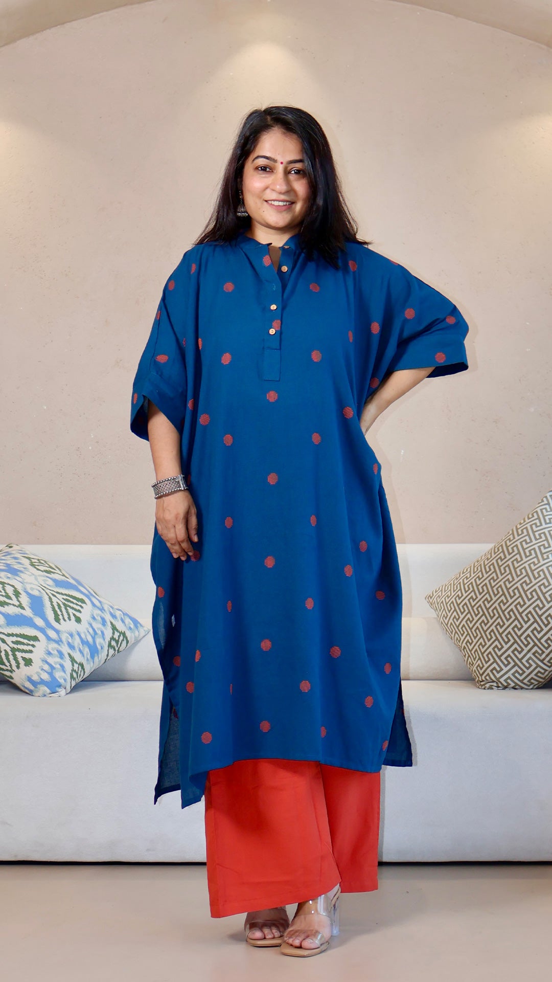 Blue Dots Motif Handwoven Cotton Kaftan Co-ord