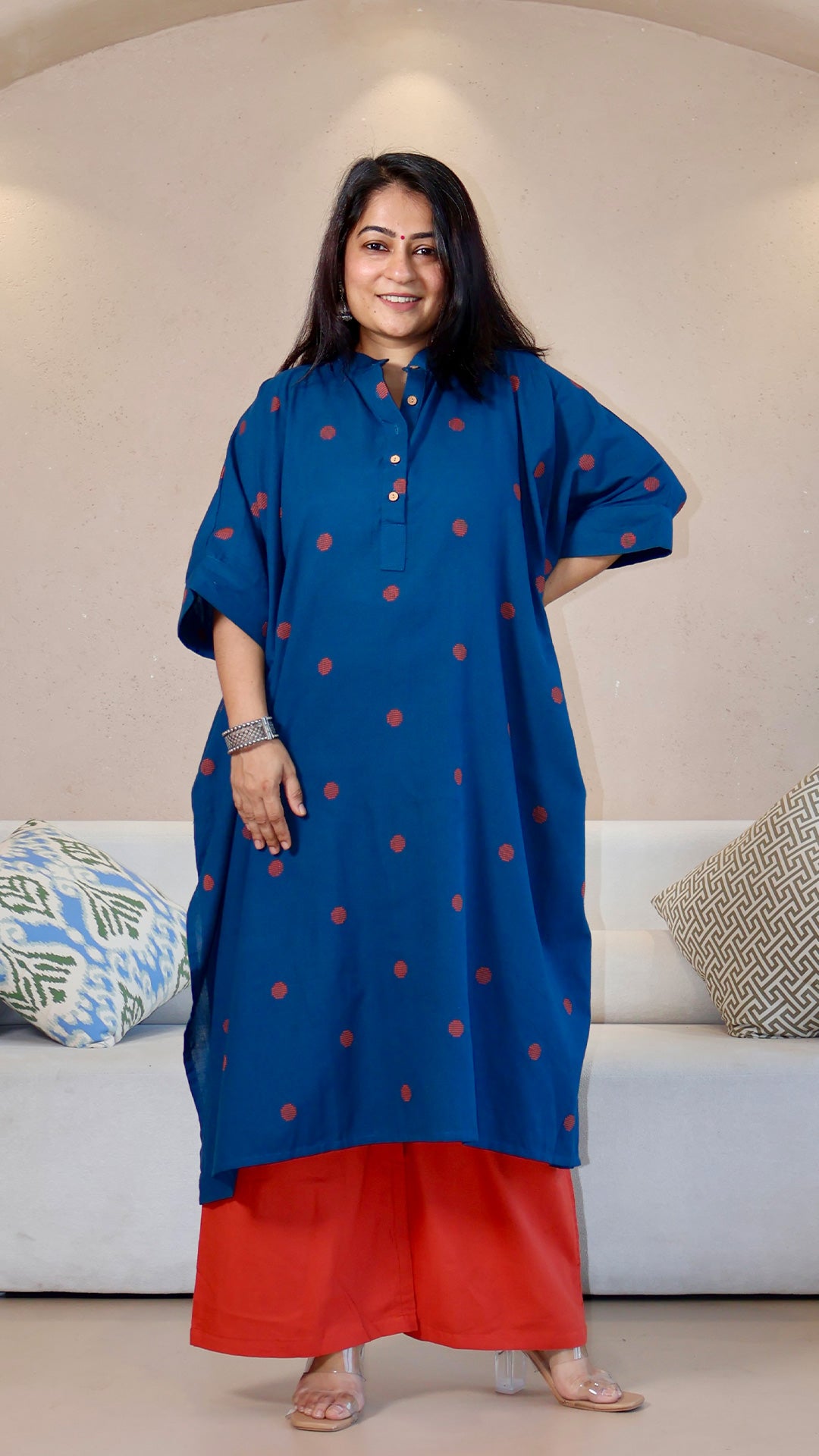 Blue Dots Motif Handwoven Cotton Kaftan Co-ord