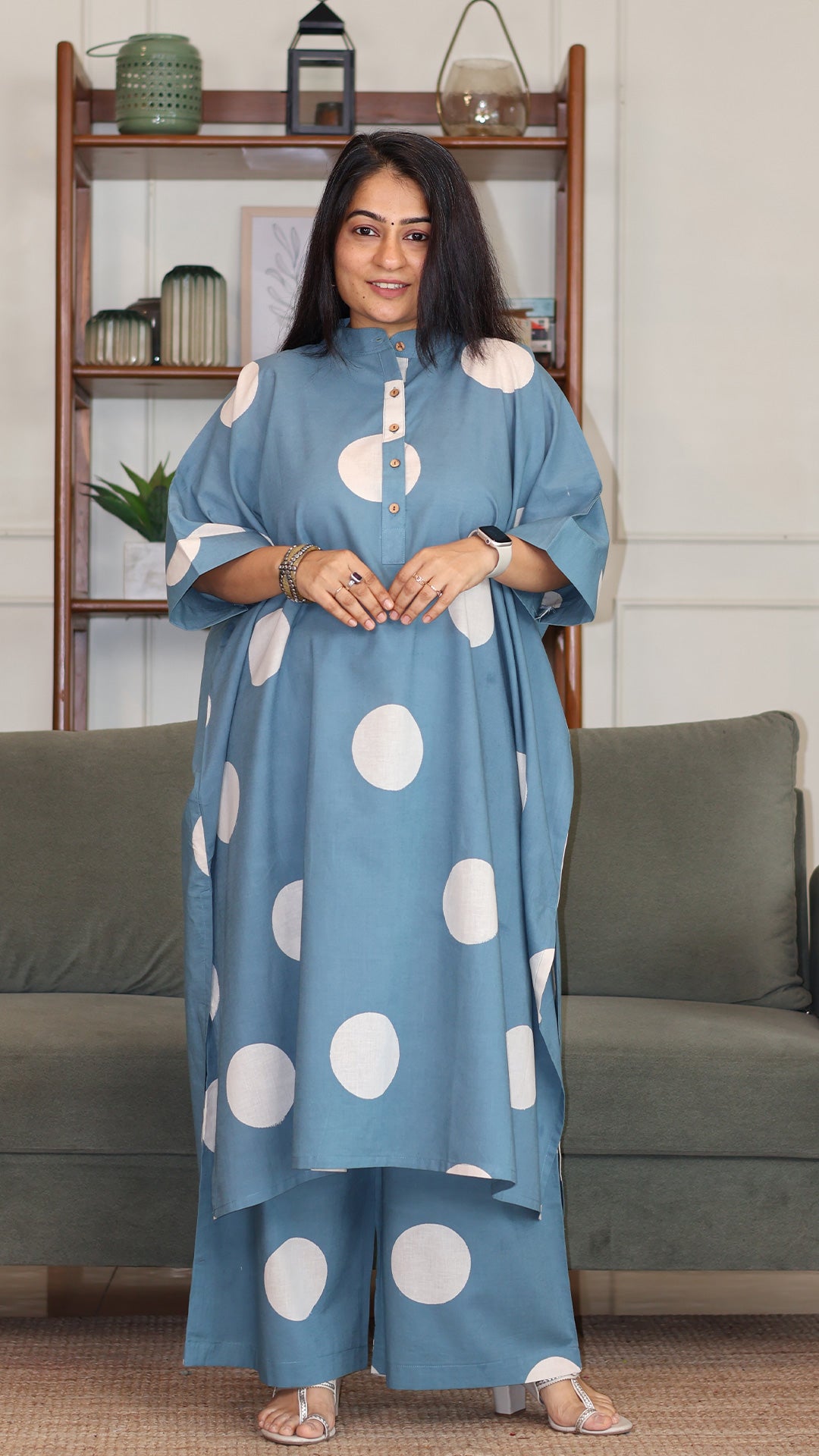 Sky Blue - White Polka Hand Block Cotton Kaftan Co-ord