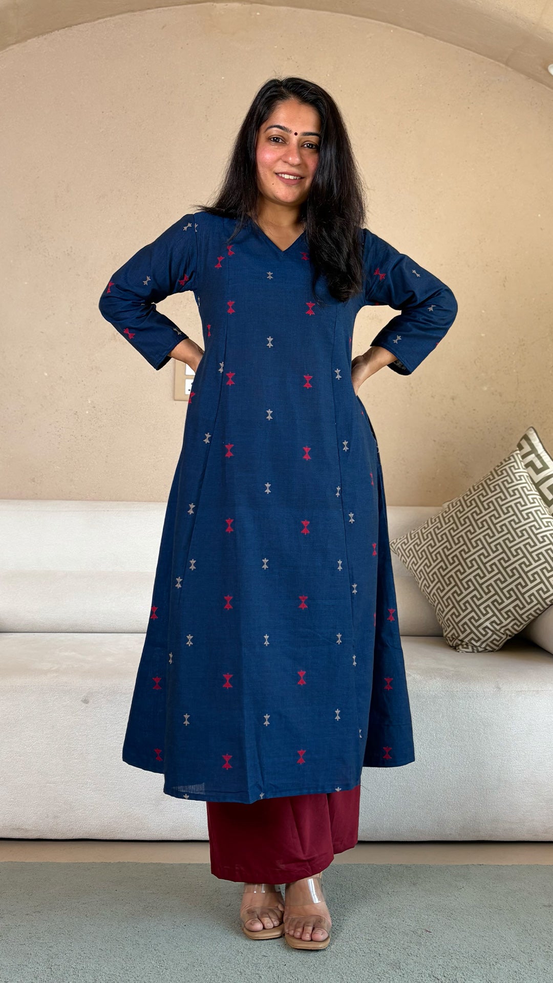 Azal Hand Woven Kali Kurta In Cotton - Navy Blue