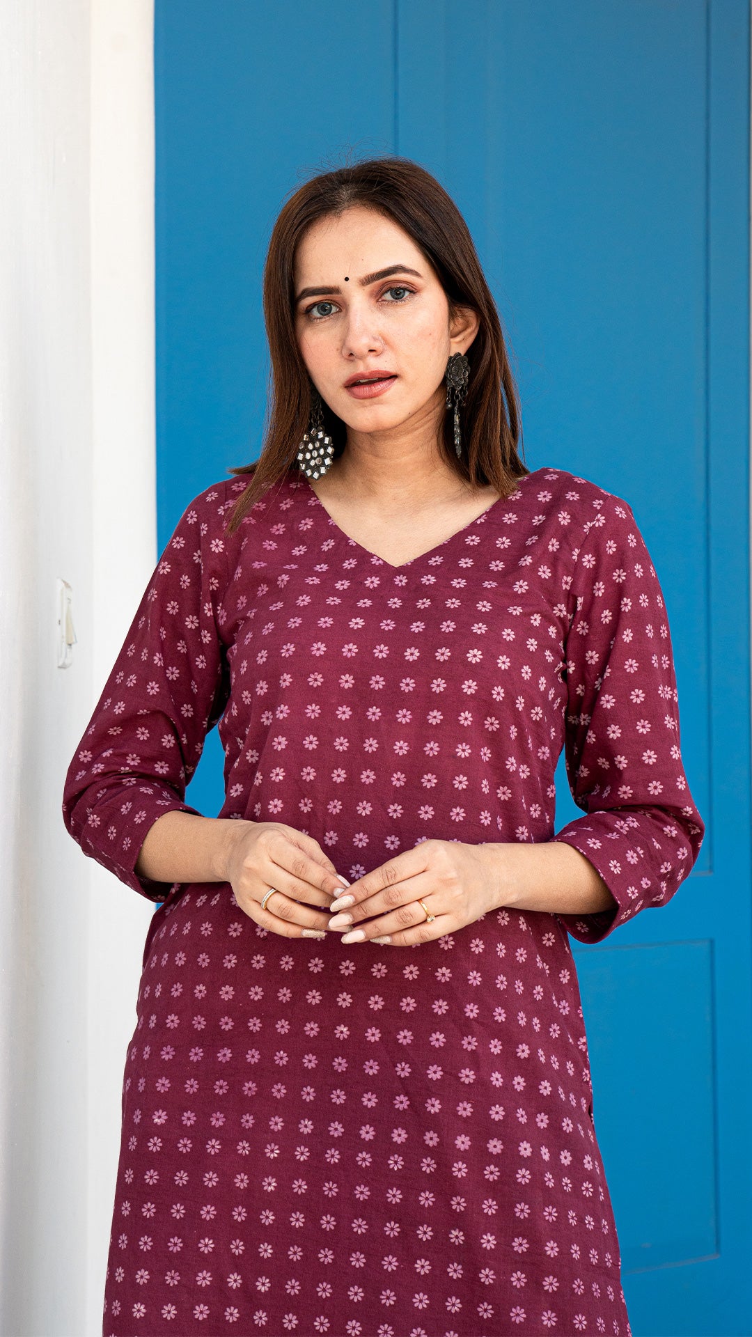 Yesha Dabu Hand Block Cotton Kurta - Wine