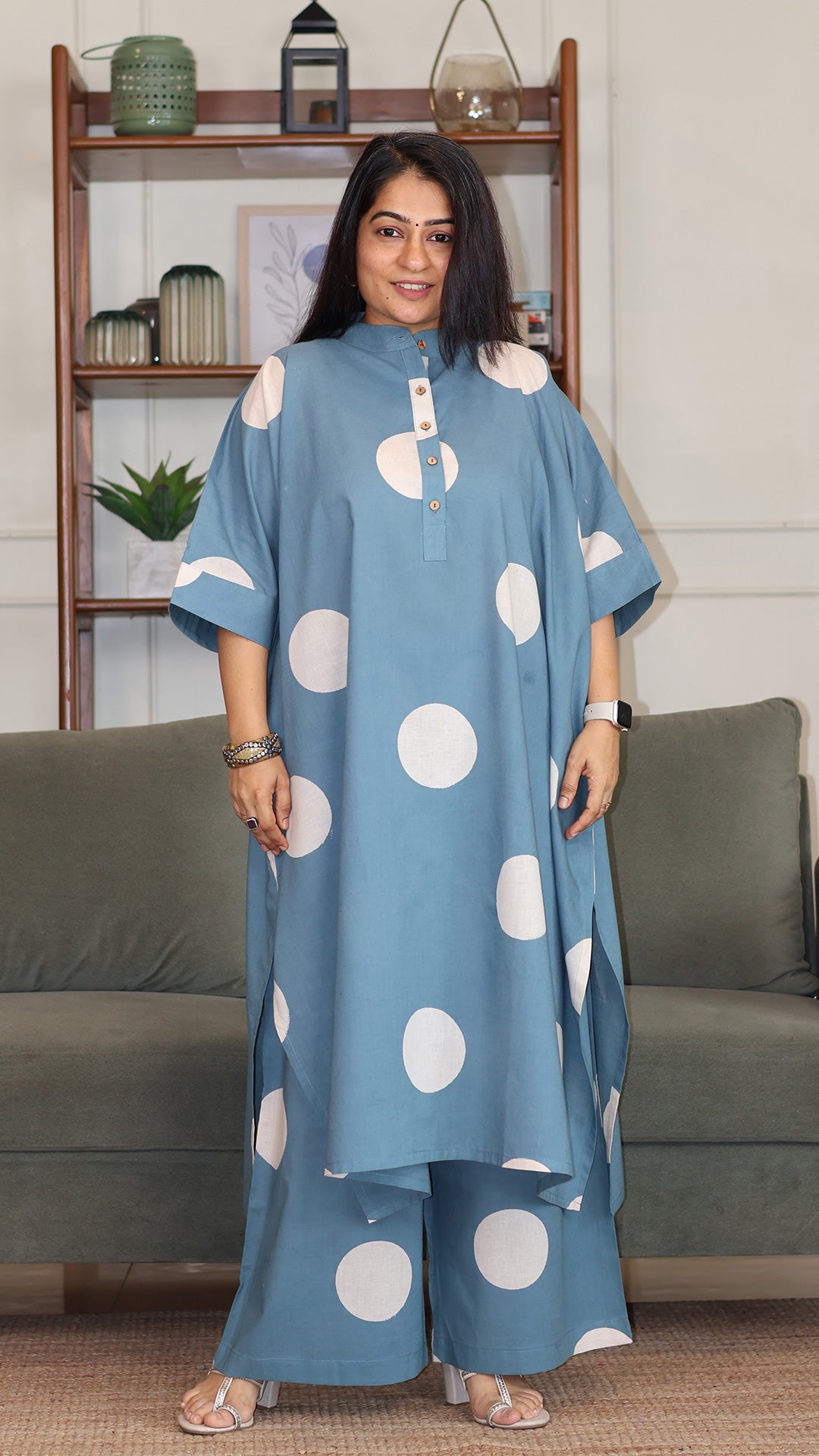 Sky Blue - White Polka Hand Block Cotton Kaftan Co-ord