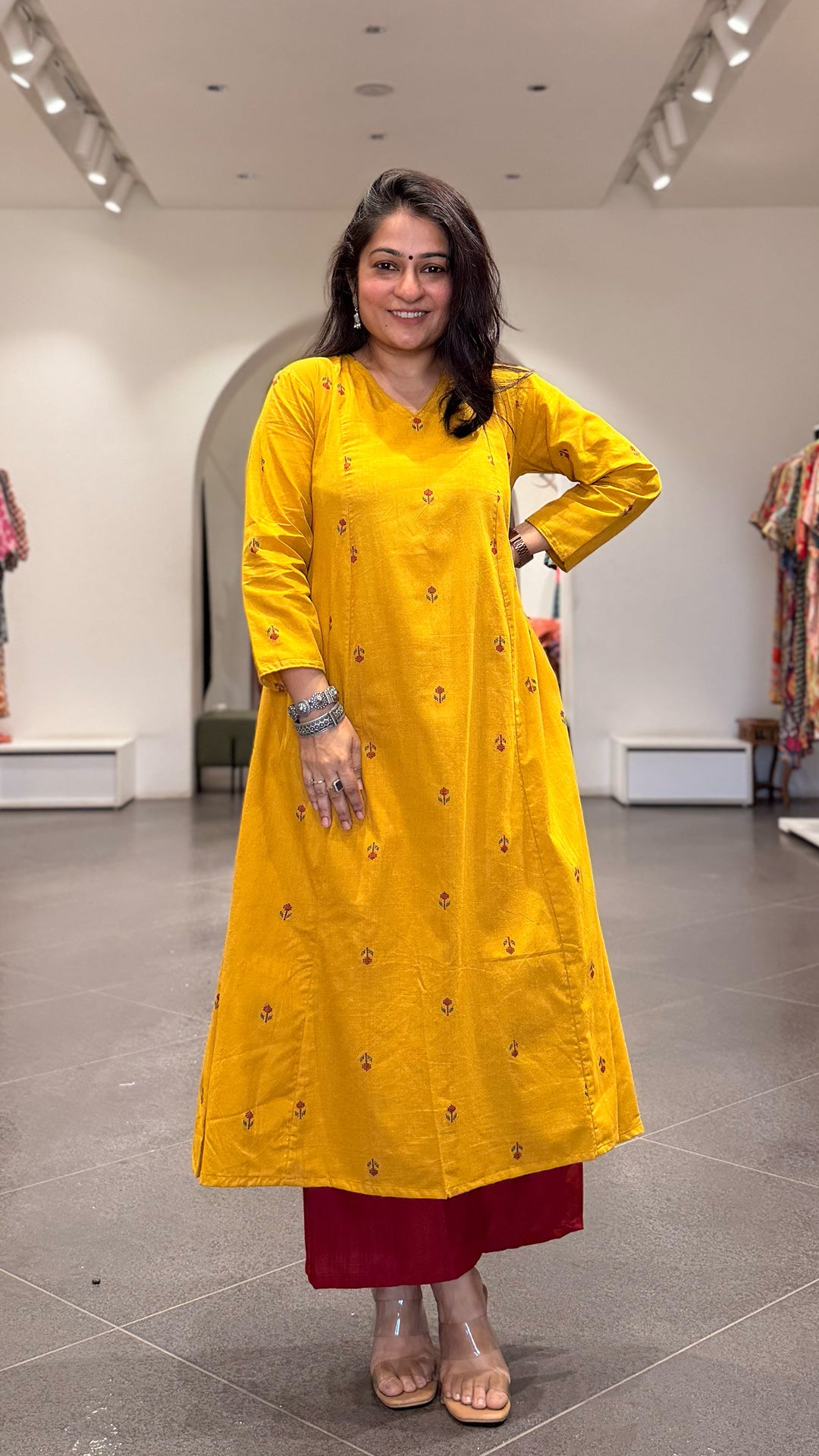 Leher Hand Woven Kali Kurta In Cotton - Yellow