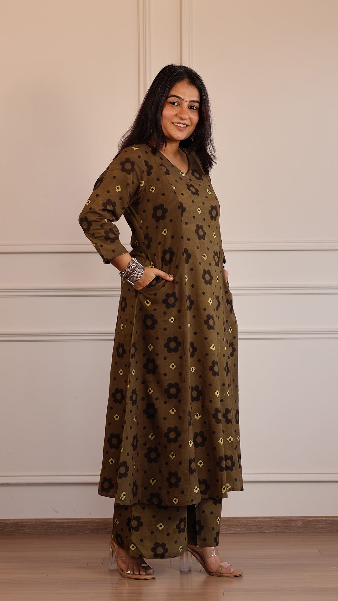 Vedashree Ajrakh Cotton Hand Block Kurta Set- Brown Floral