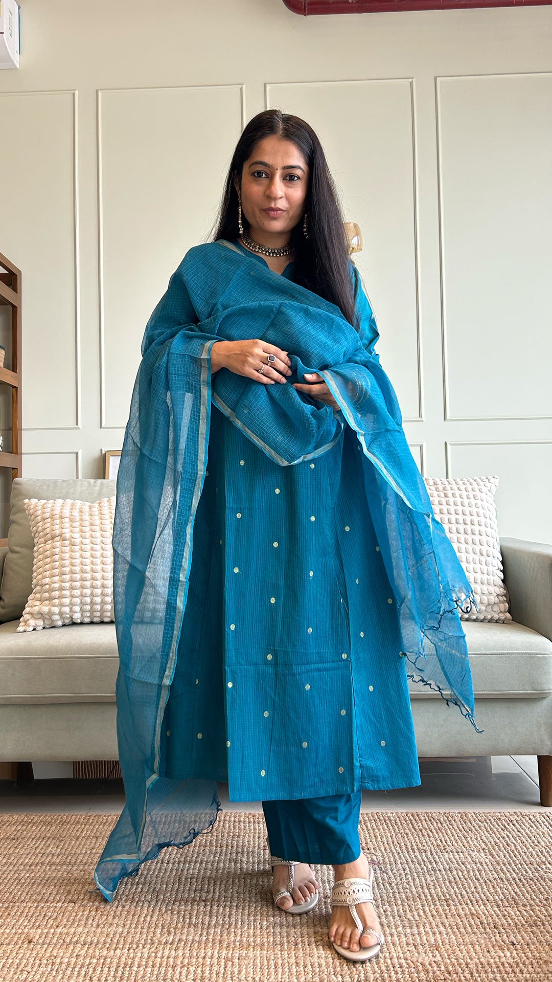 Keya Hand Woven Golden Zari Motif Kali Cotton Kurta - Blue