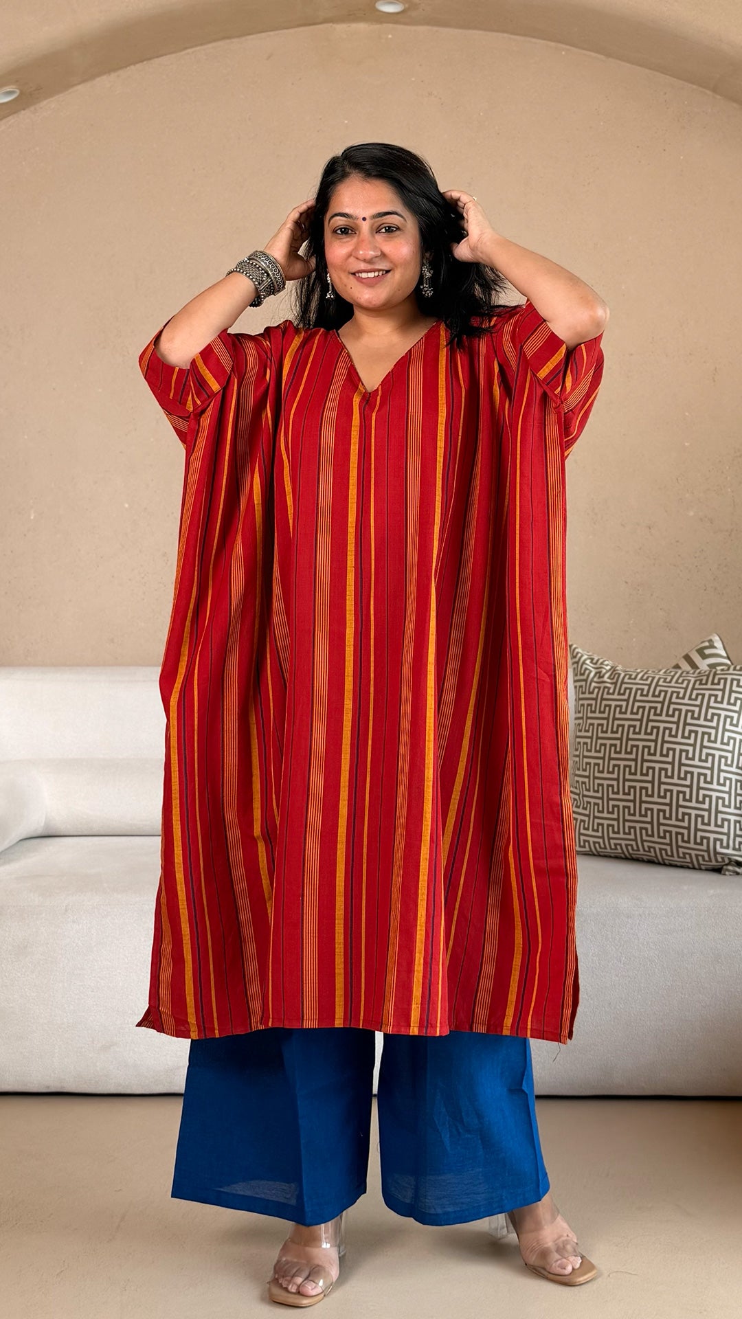 Rucha Stripes Kaftan Co-ord In Handwoven Cotton - Red