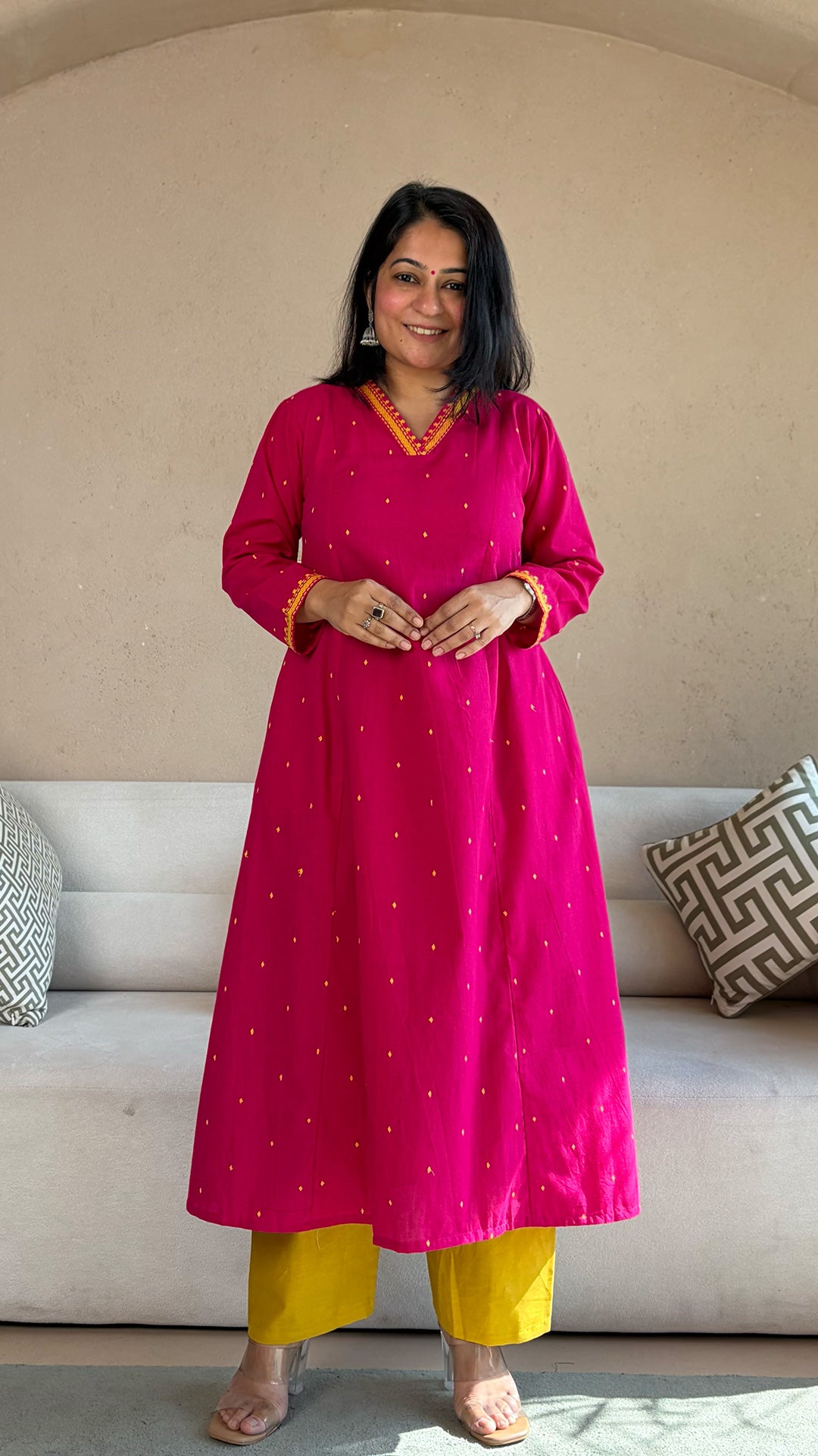 Mahira Bright Pink Hand Woven Cotton Kurta