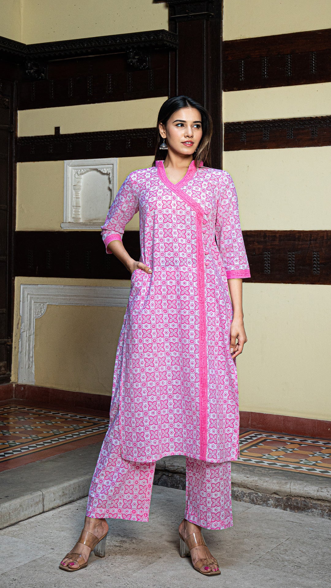 Mishri Sanganeri Hand Block Cotton Kurta - Pink/White