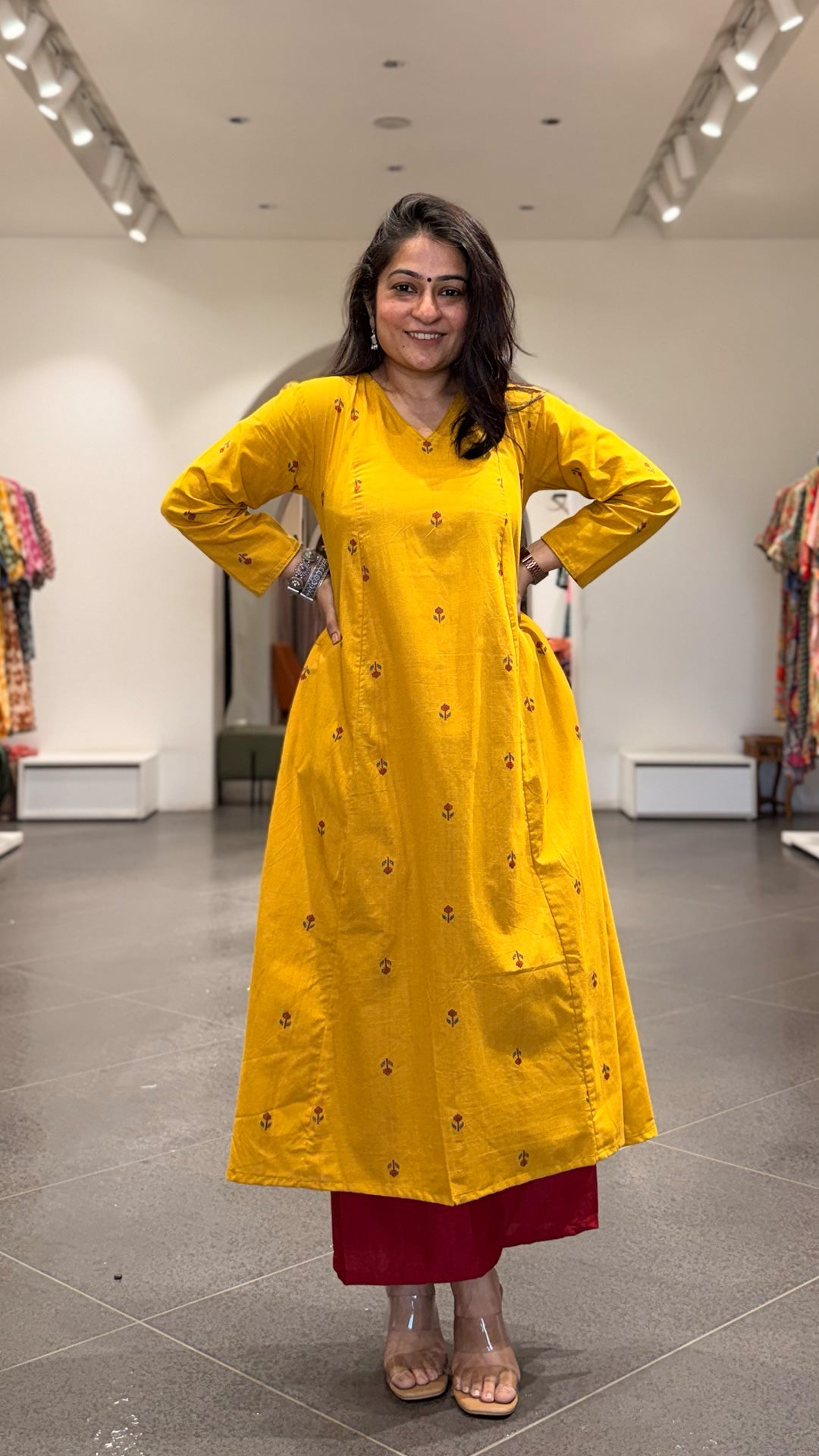 Leher Hand Woven Kali Kurta In Cotton - Yellow