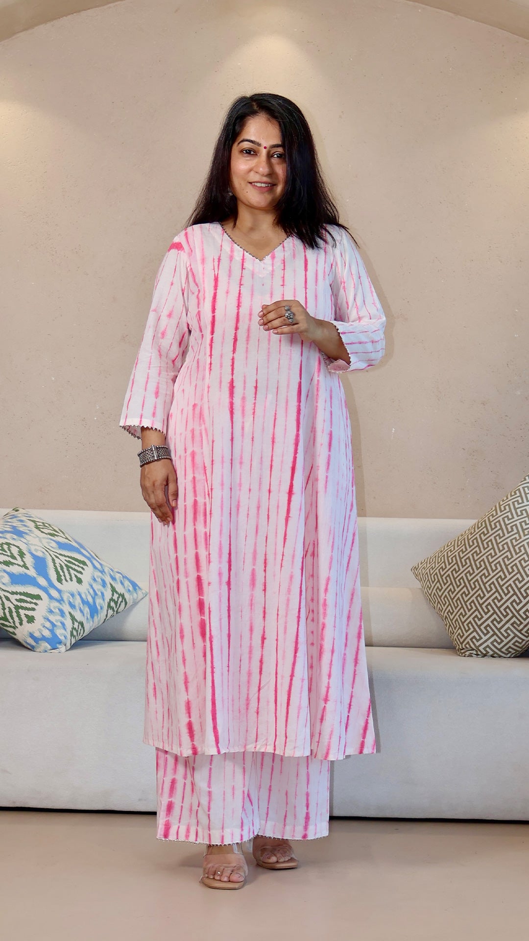 Pink/White Shibori Cotton Kurta Set