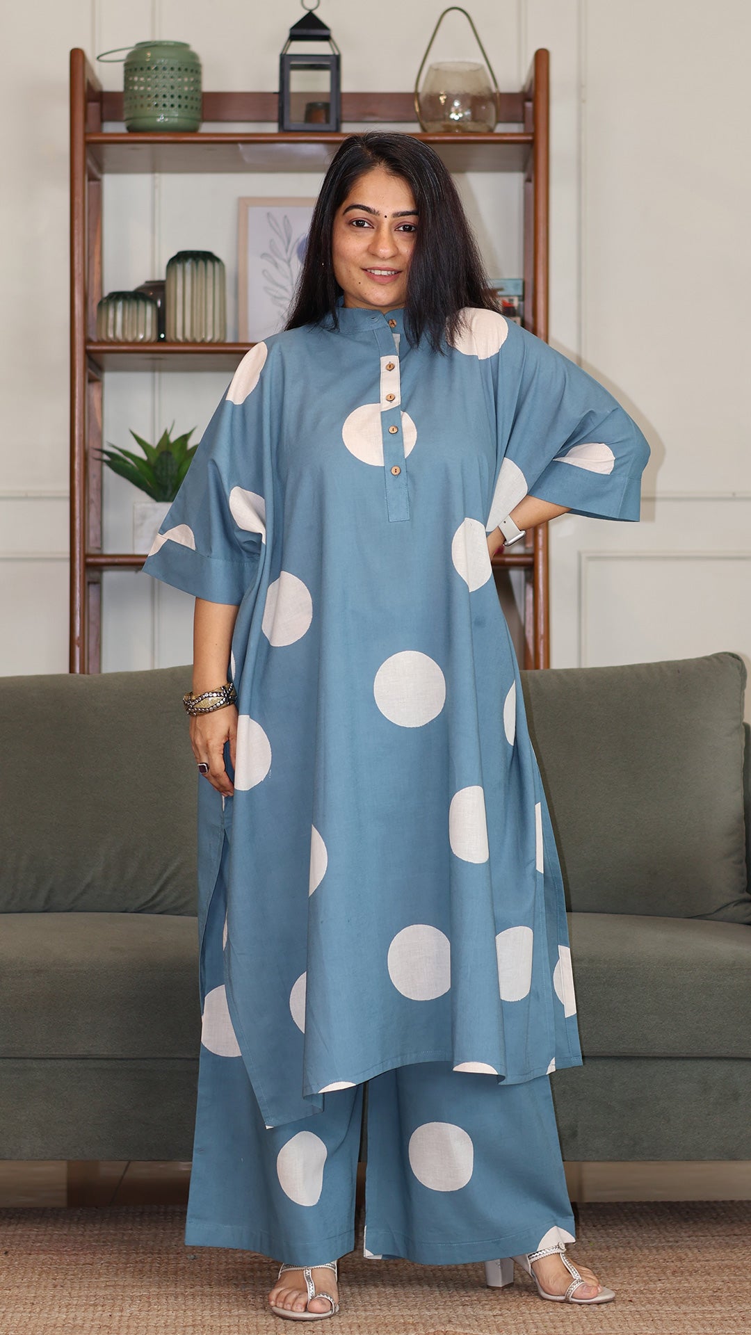 Sky Blue - White Polka Hand Block Cotton Kaftan Co-ord