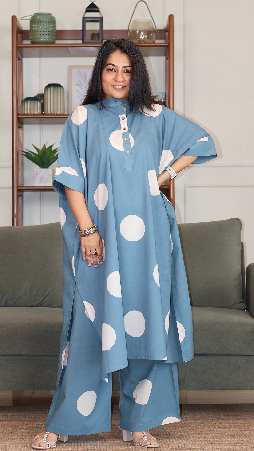 Sky Blue - White Polka Hand Block Cotton Kaftan Co-ord