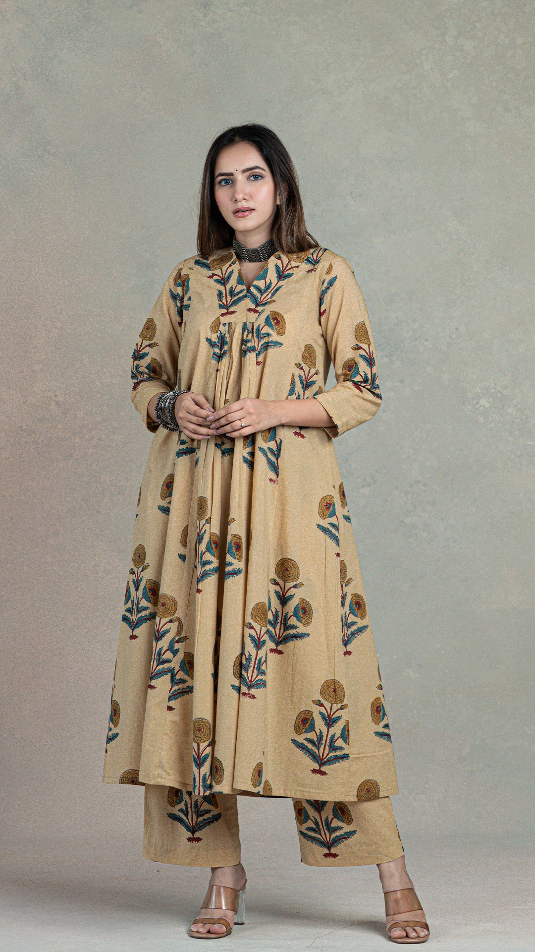 Peony Hand Block Cotton Kurta - Beige