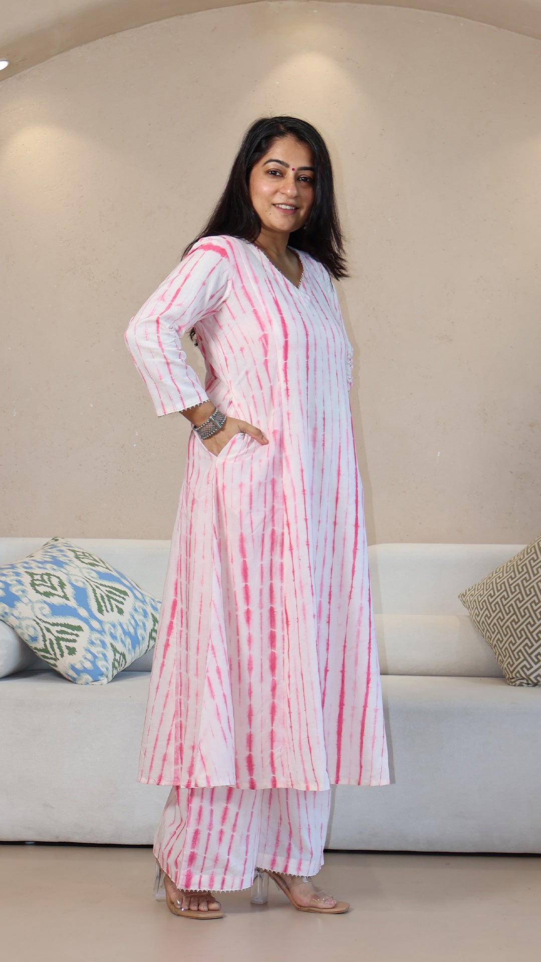 Pink/White Shibori Cotton Kurta Set