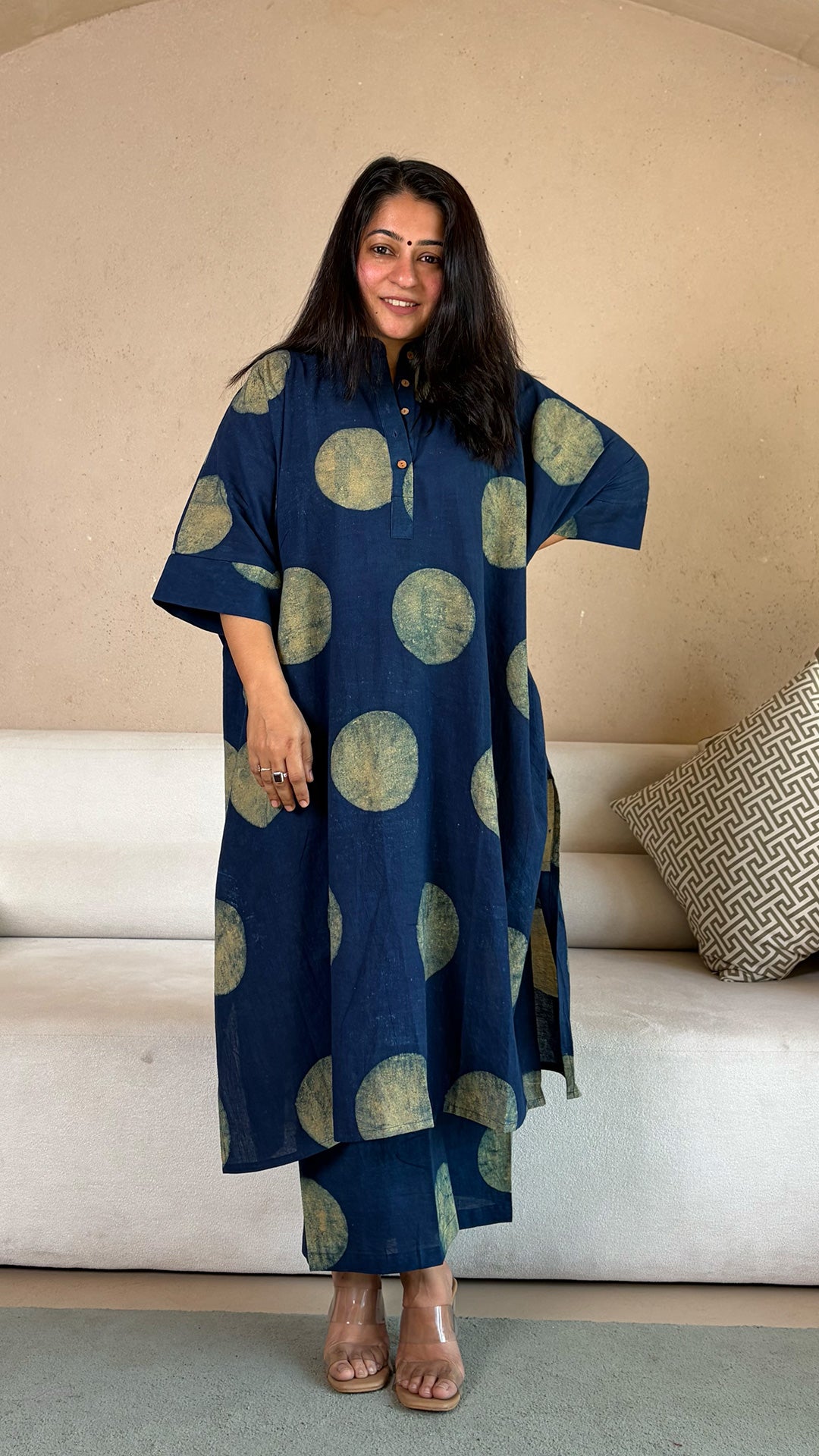 Indigo Polka Dots Ajrakh kaftan co-ord In Cotton