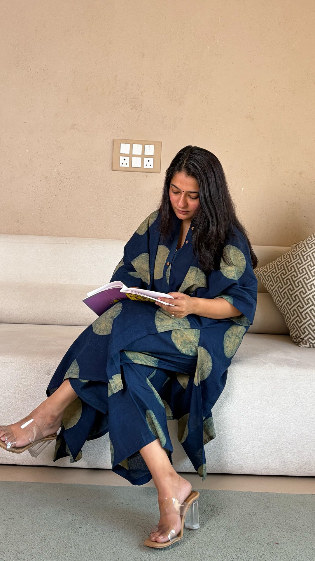 Indigo Polka Dots Ajrakh kaftan co-ord In Cotton