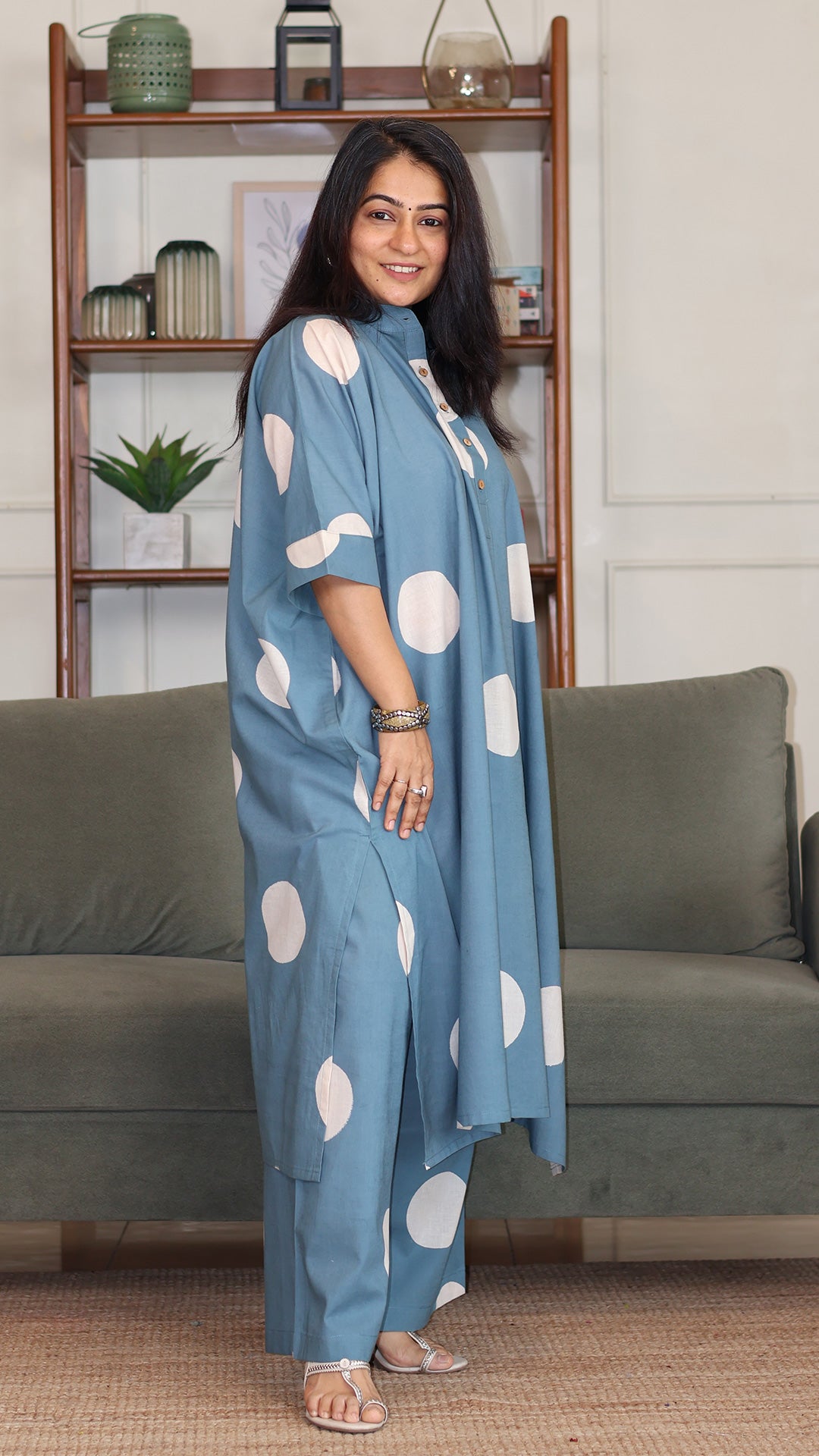 Sky Blue - White Polka Hand Block Cotton Kaftan Co-ord