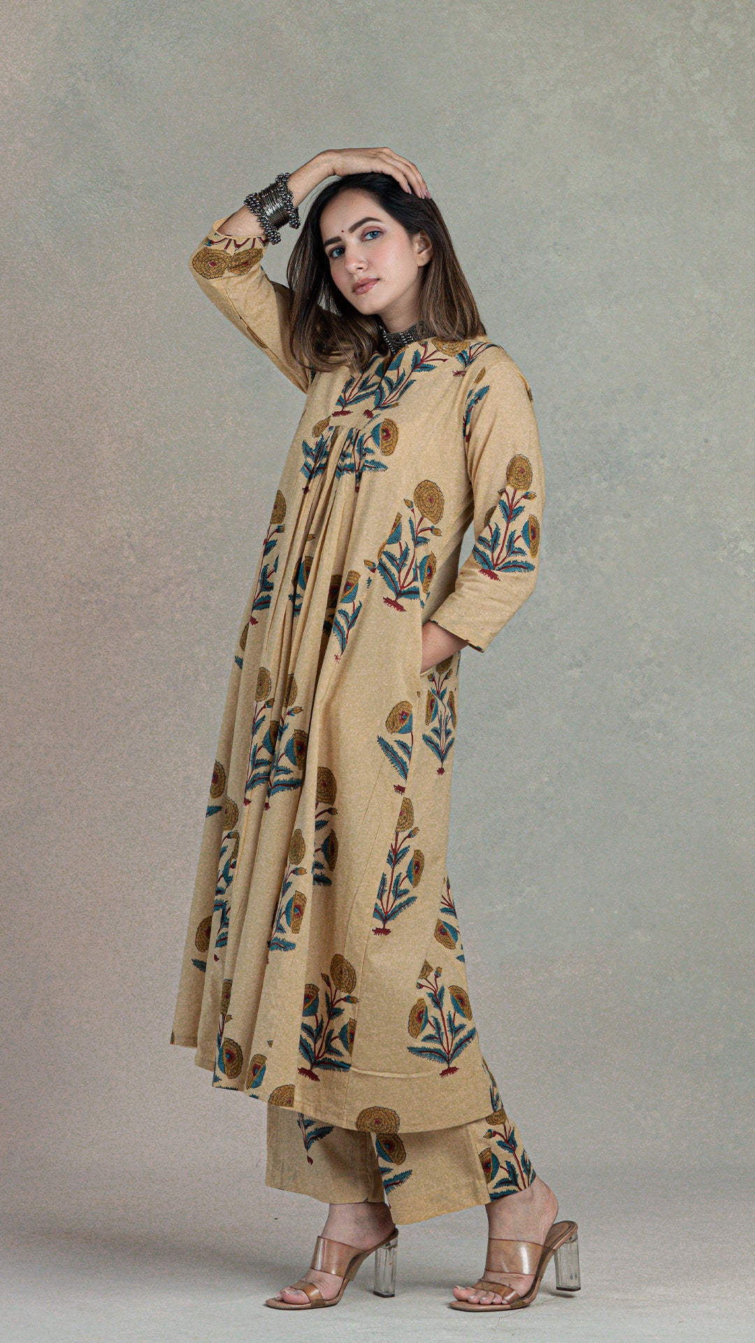 Peony Hand Block Cotton Kurta - Beige