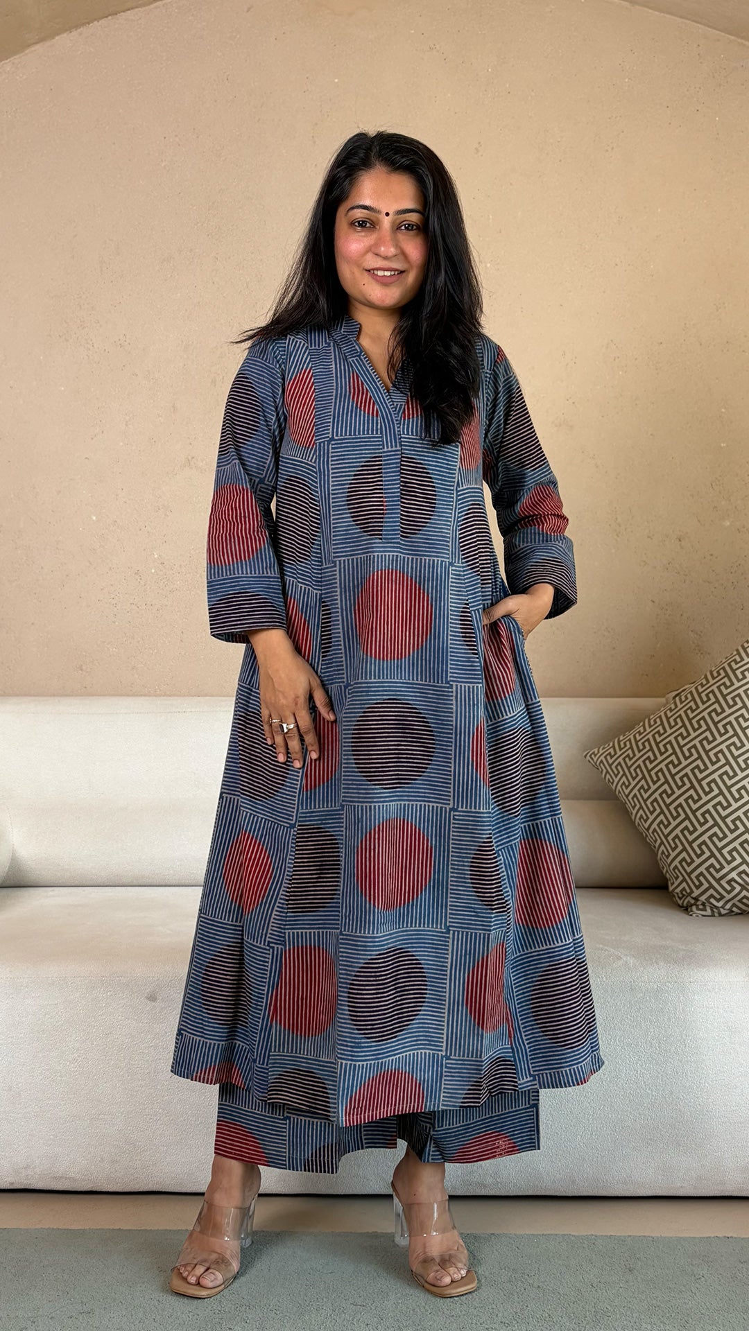 Shrreya Polka Dots Ajrakh Kali Kurta In Cotton