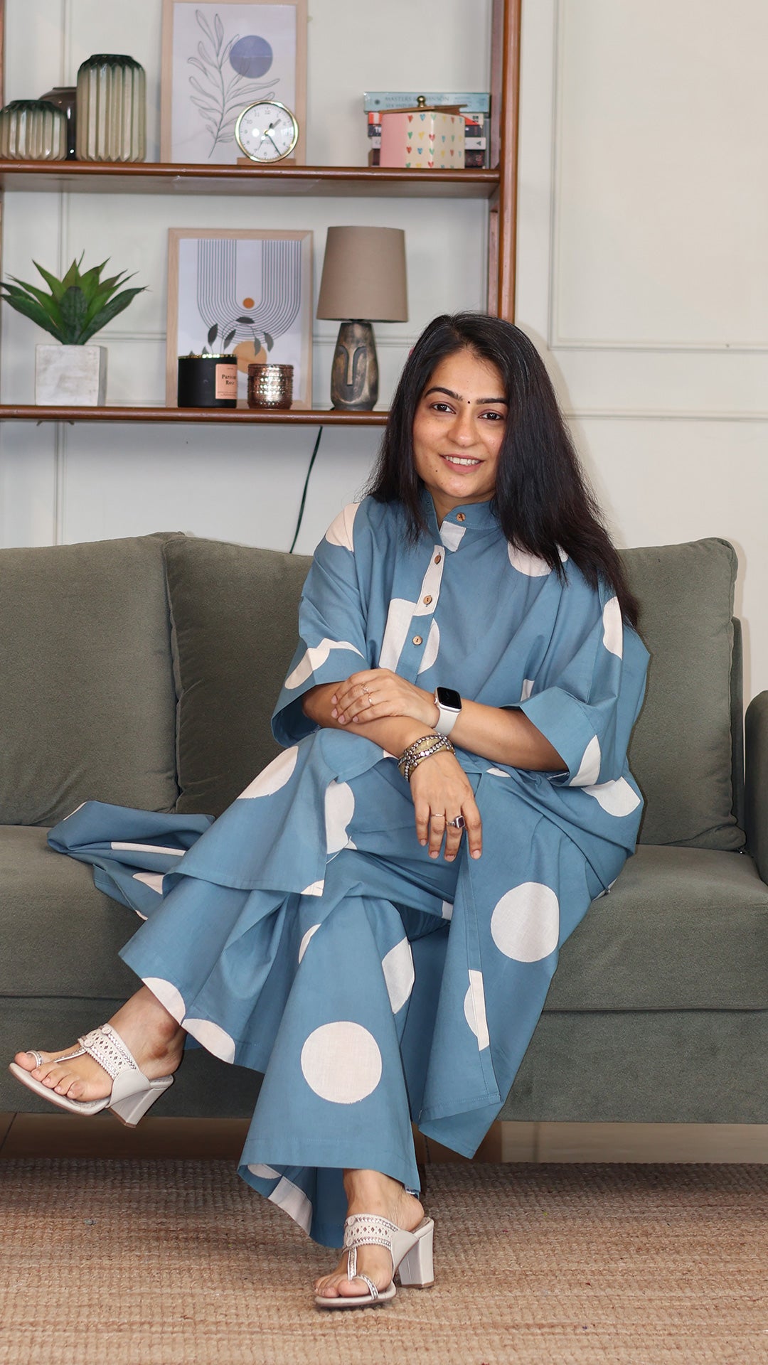 Sky Blue - White Polka Hand Block Cotton Kaftan Co-ord