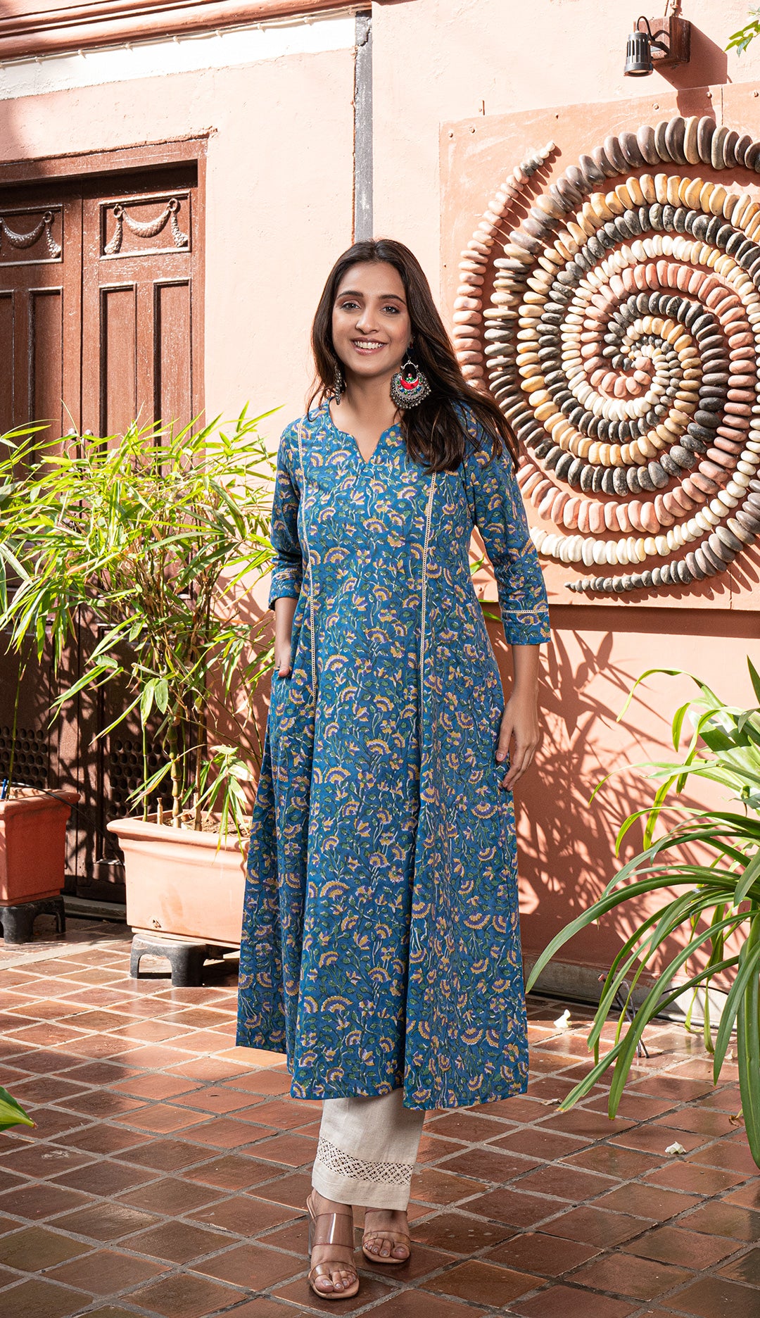 Roza Sanganeri Kali Cotton Kurta - Blue